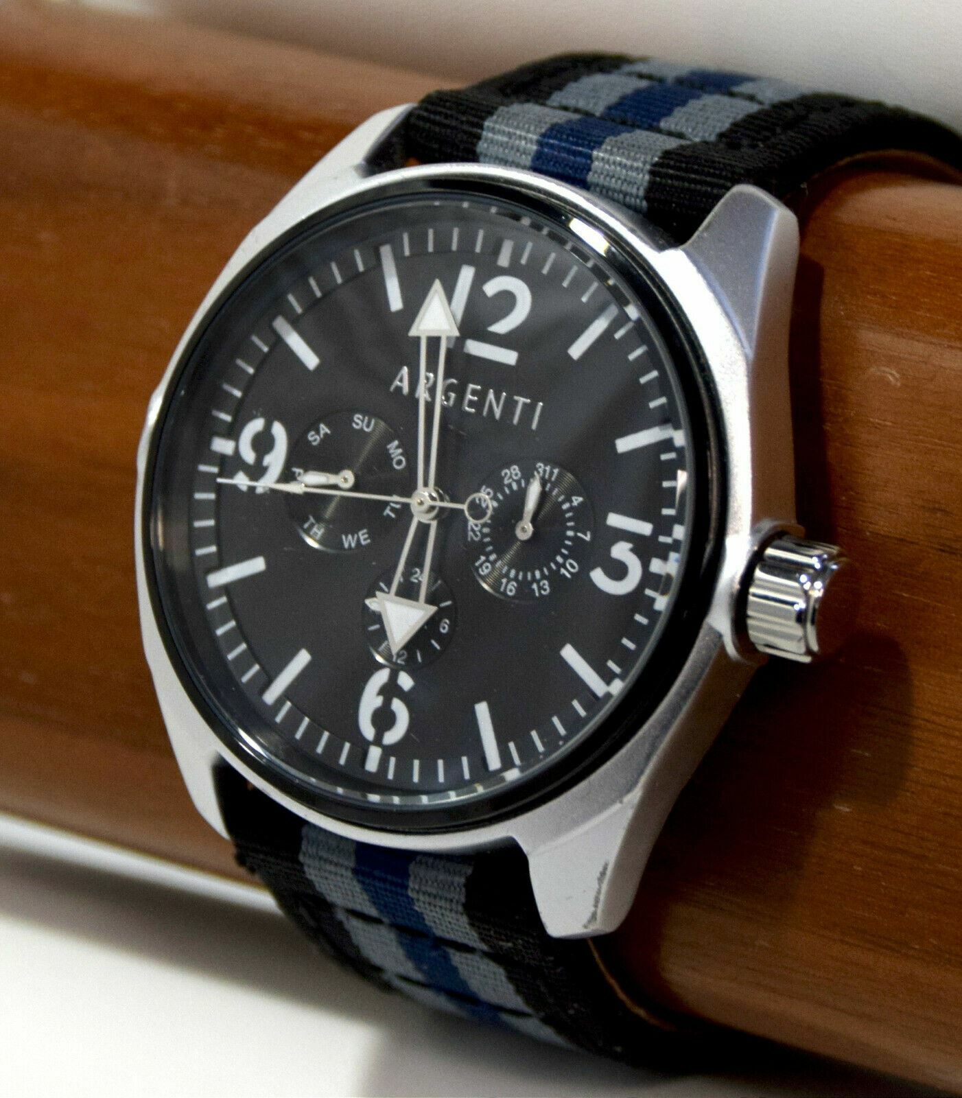 NEW Argenti 0343M Modernistic Watch Multi-Function Black/Grey/Blue Nylon Strap