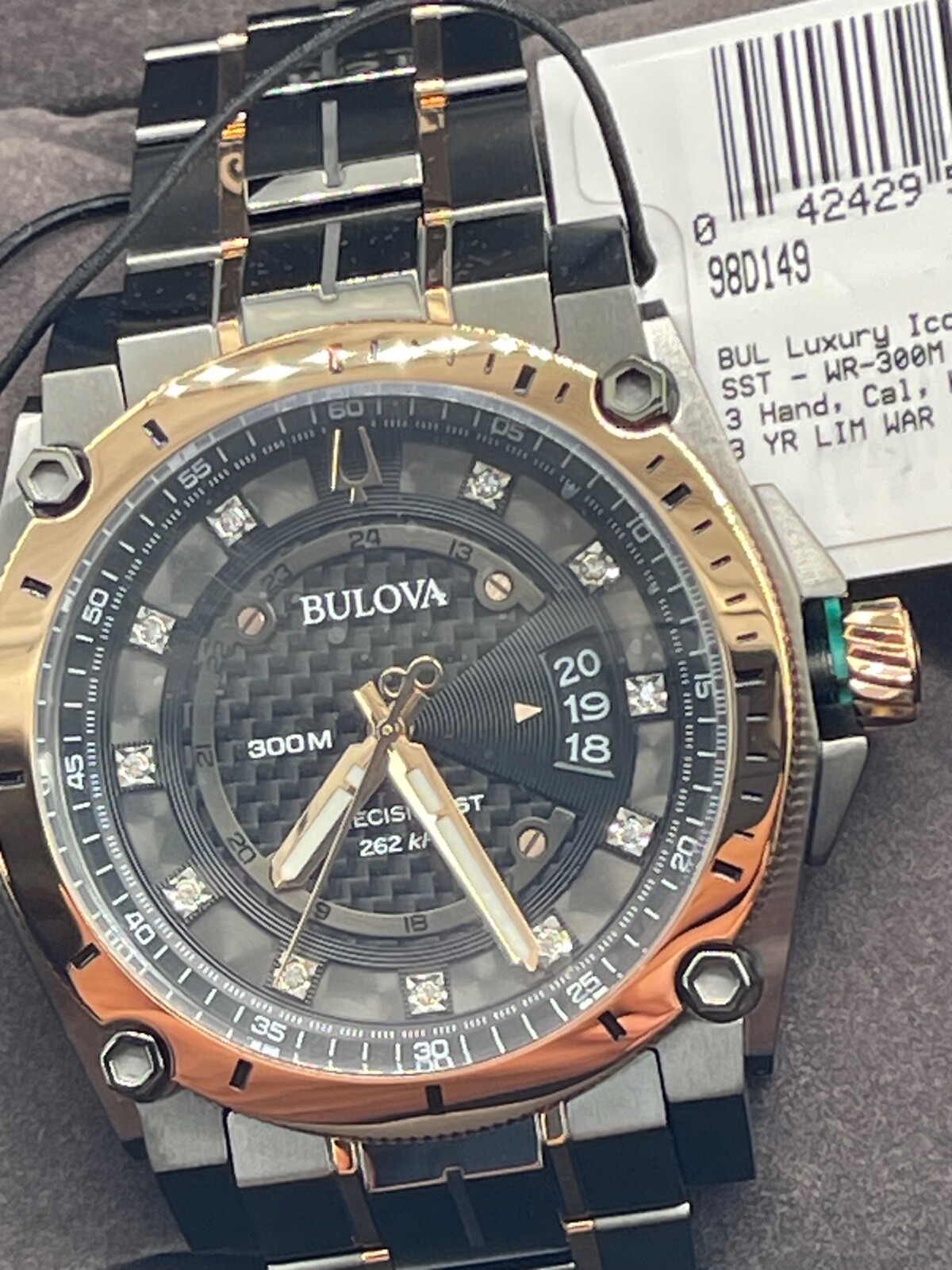 Bulova Precisionist Quartz Diamond Accent 2-Tone Black 46mm Watch 98D149 ROSE G
