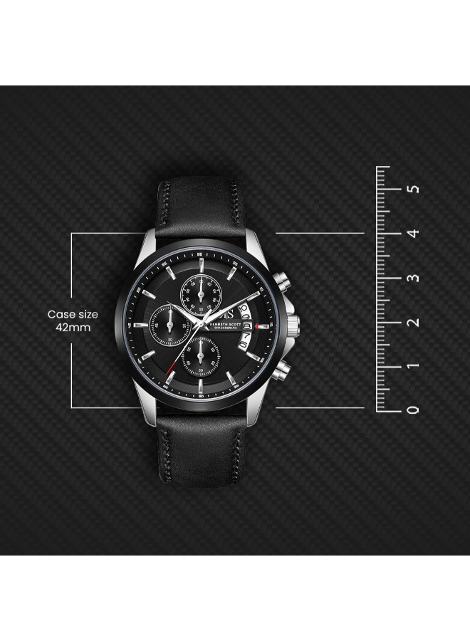 Kenneth Scott Men’s Chronograph Watch | Black Dial, Black Leather Band, 42mm