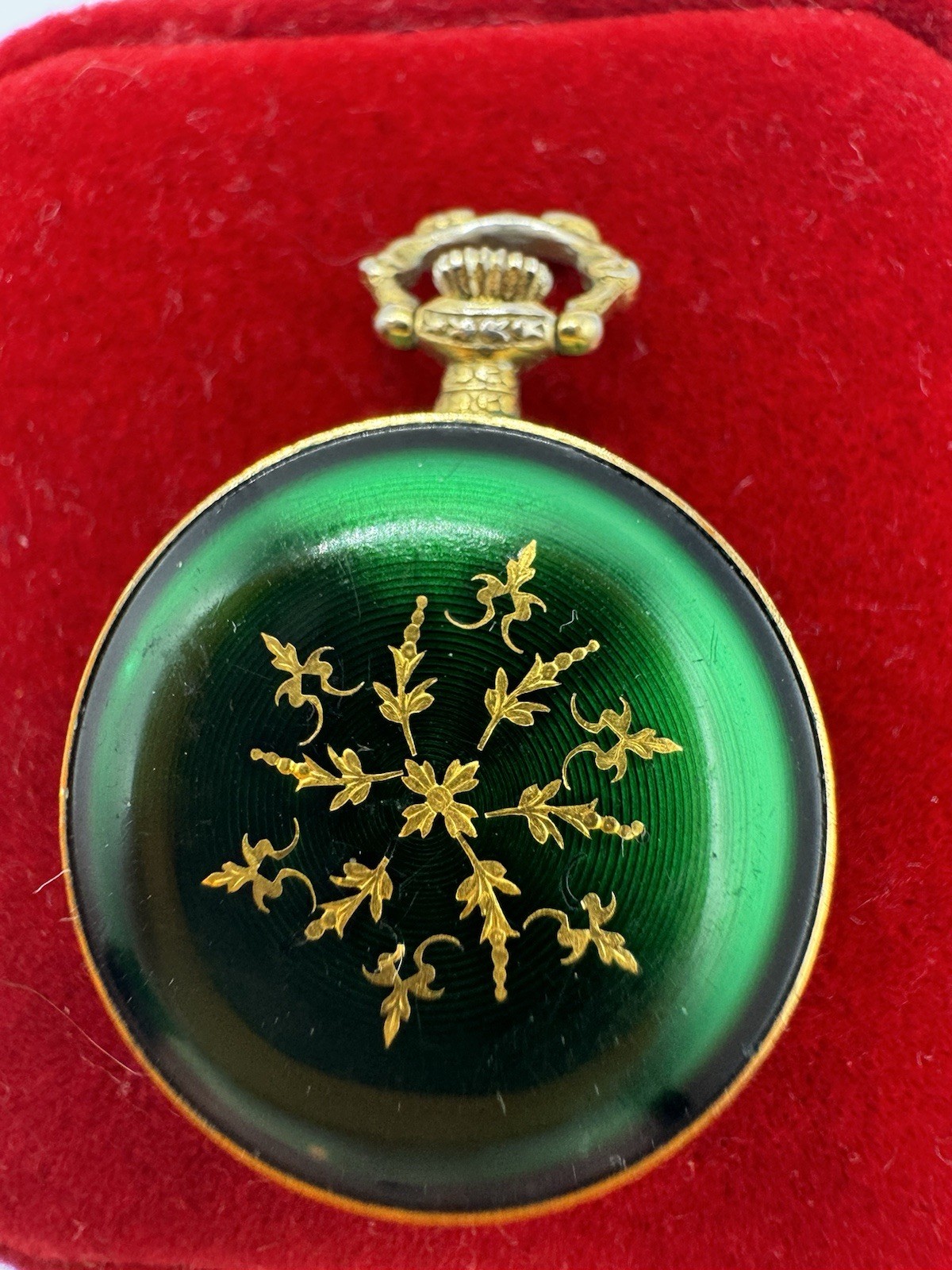 Vintage 80’s HANOWA Swiss M Guilloché Green Enamel on Gold Round Pocket Watch