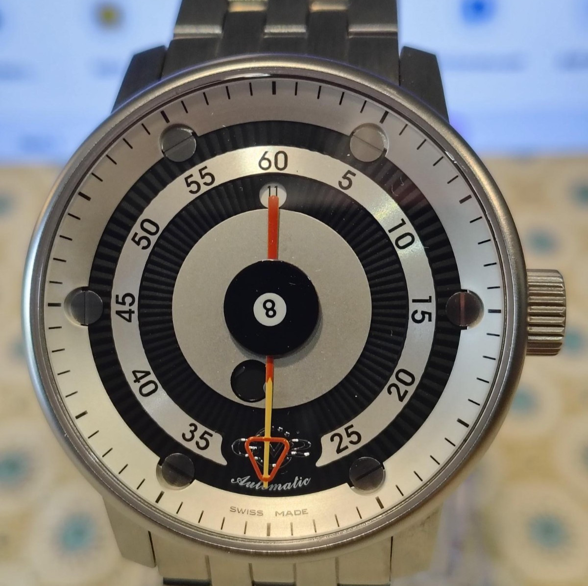 Gevril GV2 ‘8 Ball’ ‘Jump Hour’ watch w moving hour disc 45mm auto 25 jewels EUC