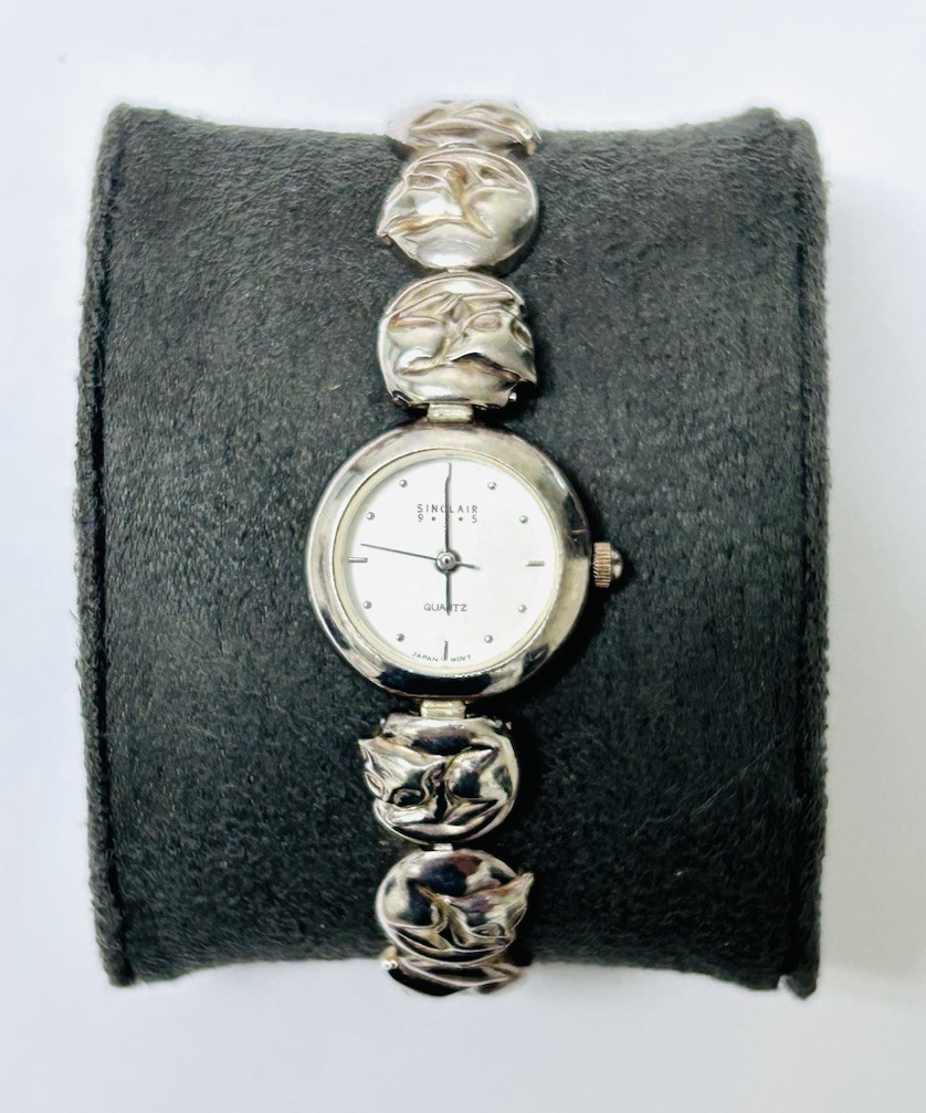 Vintage Sinclair 925 Sterling Silver Cat Kittens Women’s Bracelet Watch Quartz
