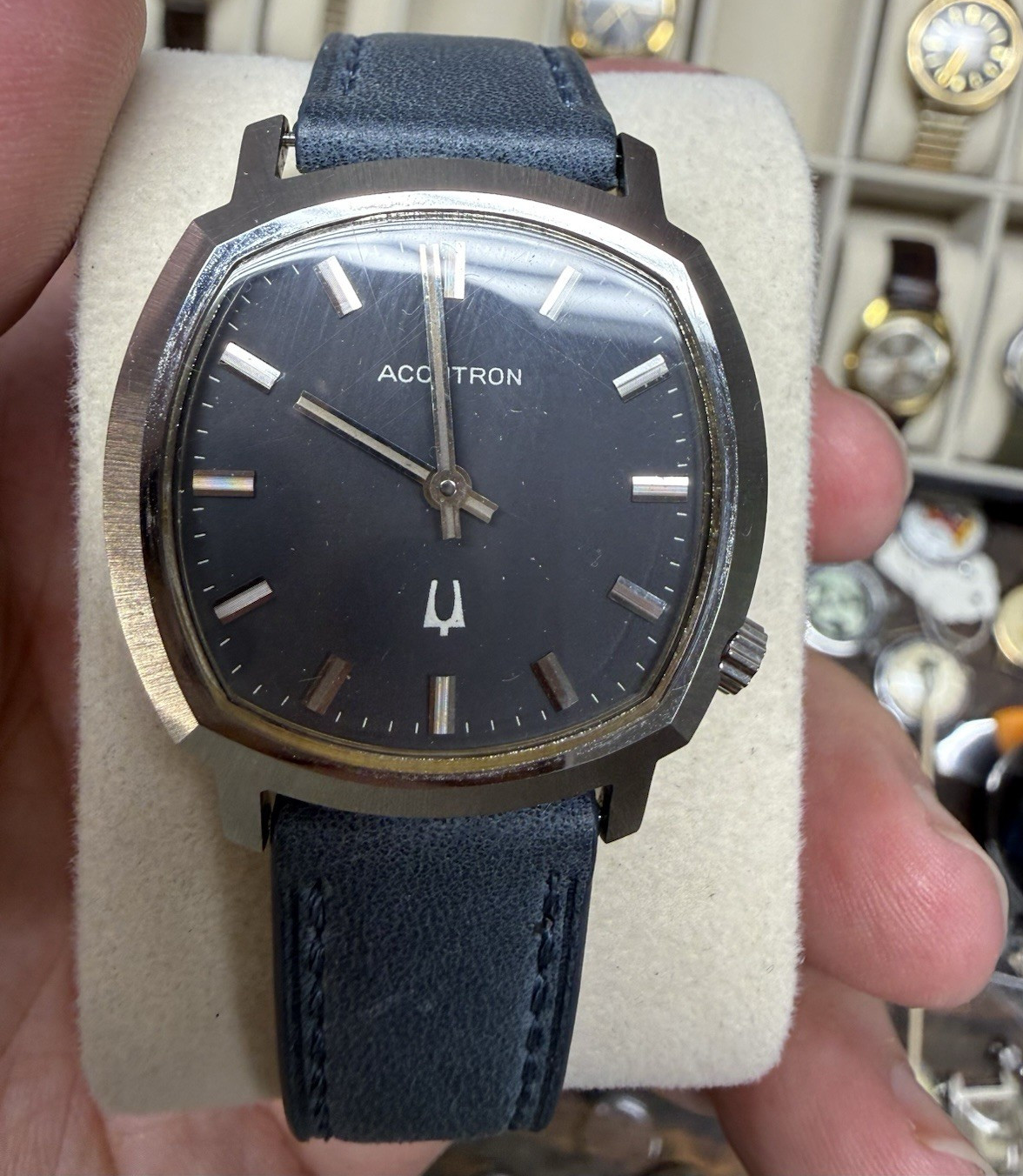 Rare Accutron Bulova Quartz Cushion Stainless Silver Gray Dial Blue Leather