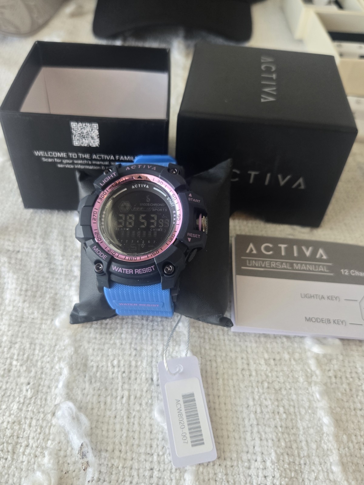 Activa Digital Quartz Sports Watch Blue Resin Strap Alarm Chrono WR30m 50mm -New