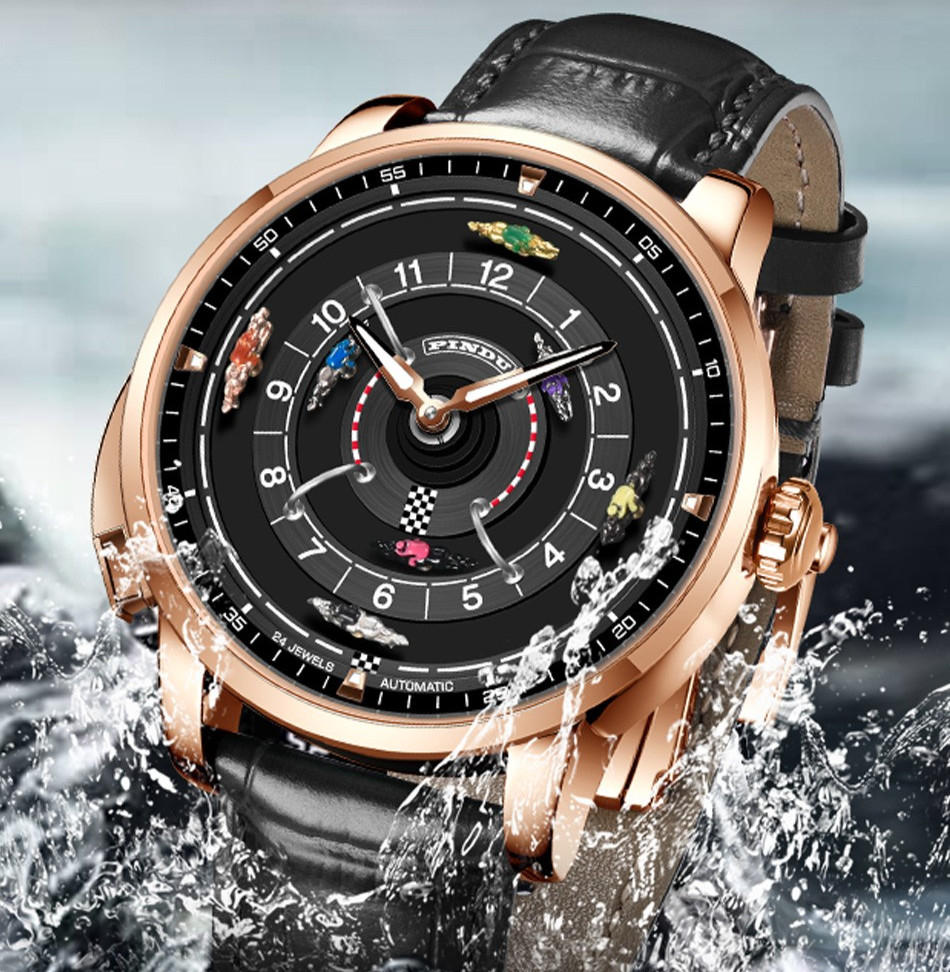 PINDU Men’s Mechanical Watch – Horse Racing Dial Sapphire Glass 5ATM Waterproof