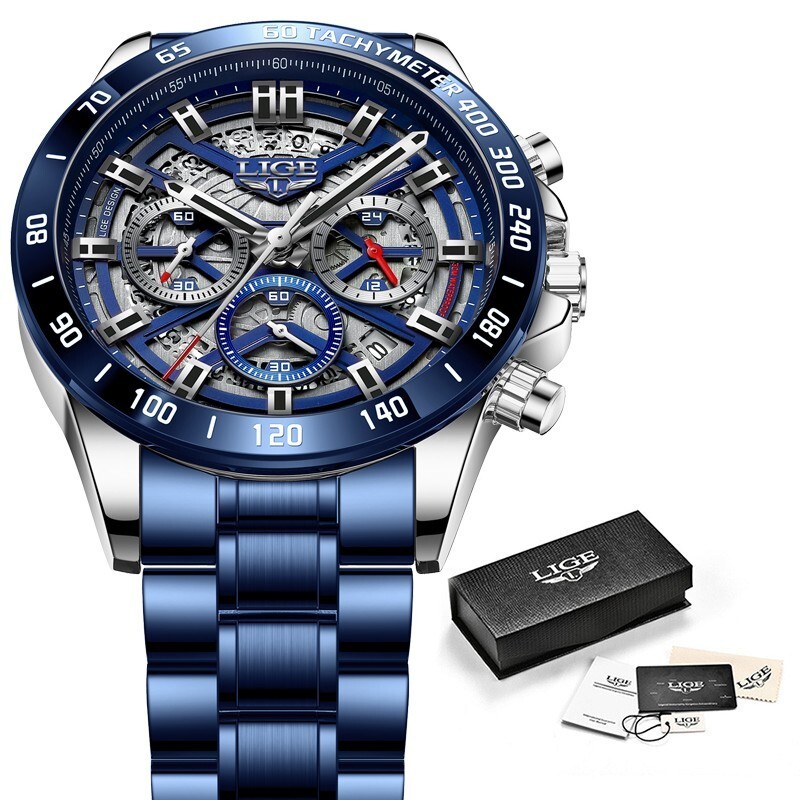 LIGE Men Watch Quartz Analog Seconds Display Dial Stainless Steel Wriswatch Gift