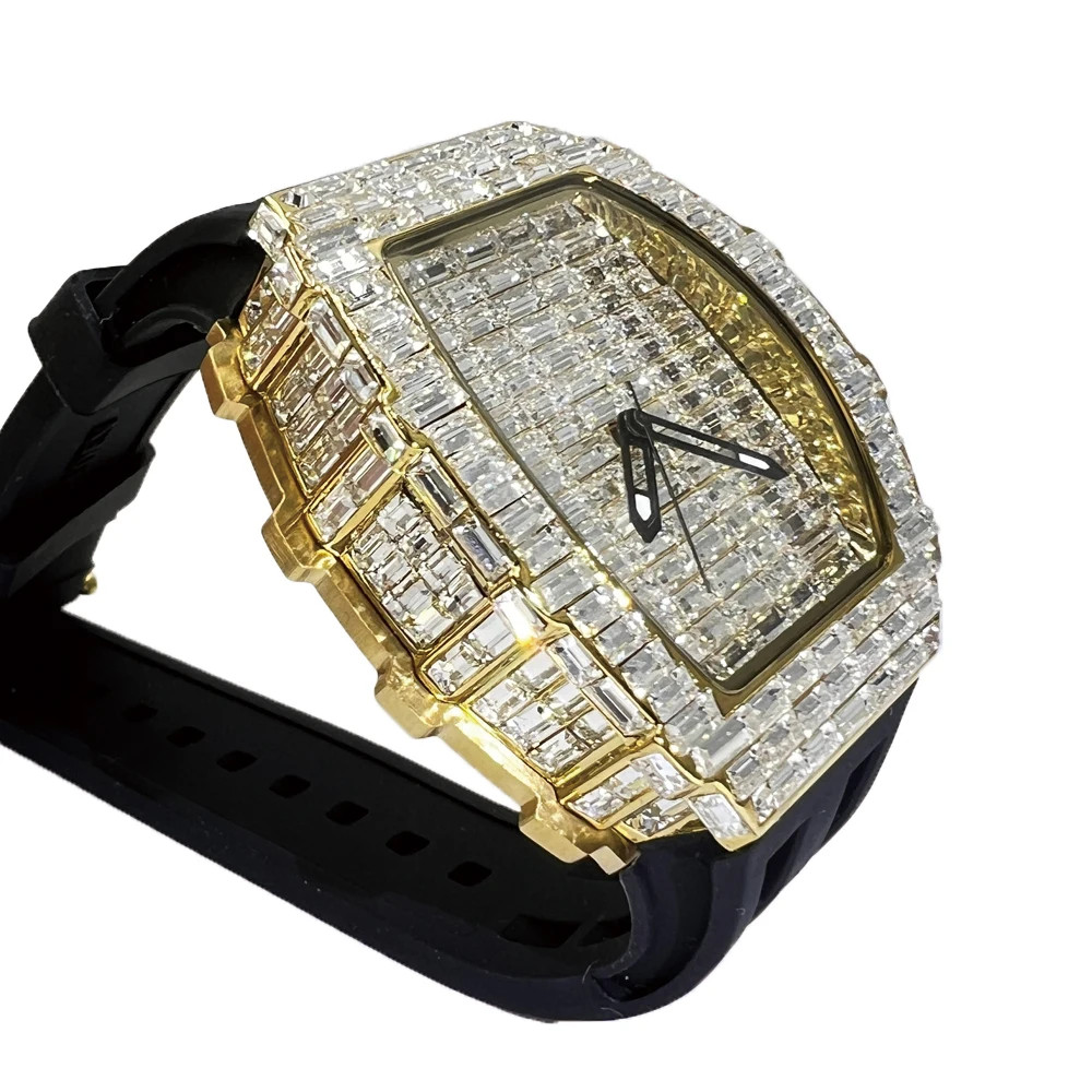 Fashion Tonneau Diamond Bling Men’s Watch Waterproof Rubber Band Gift