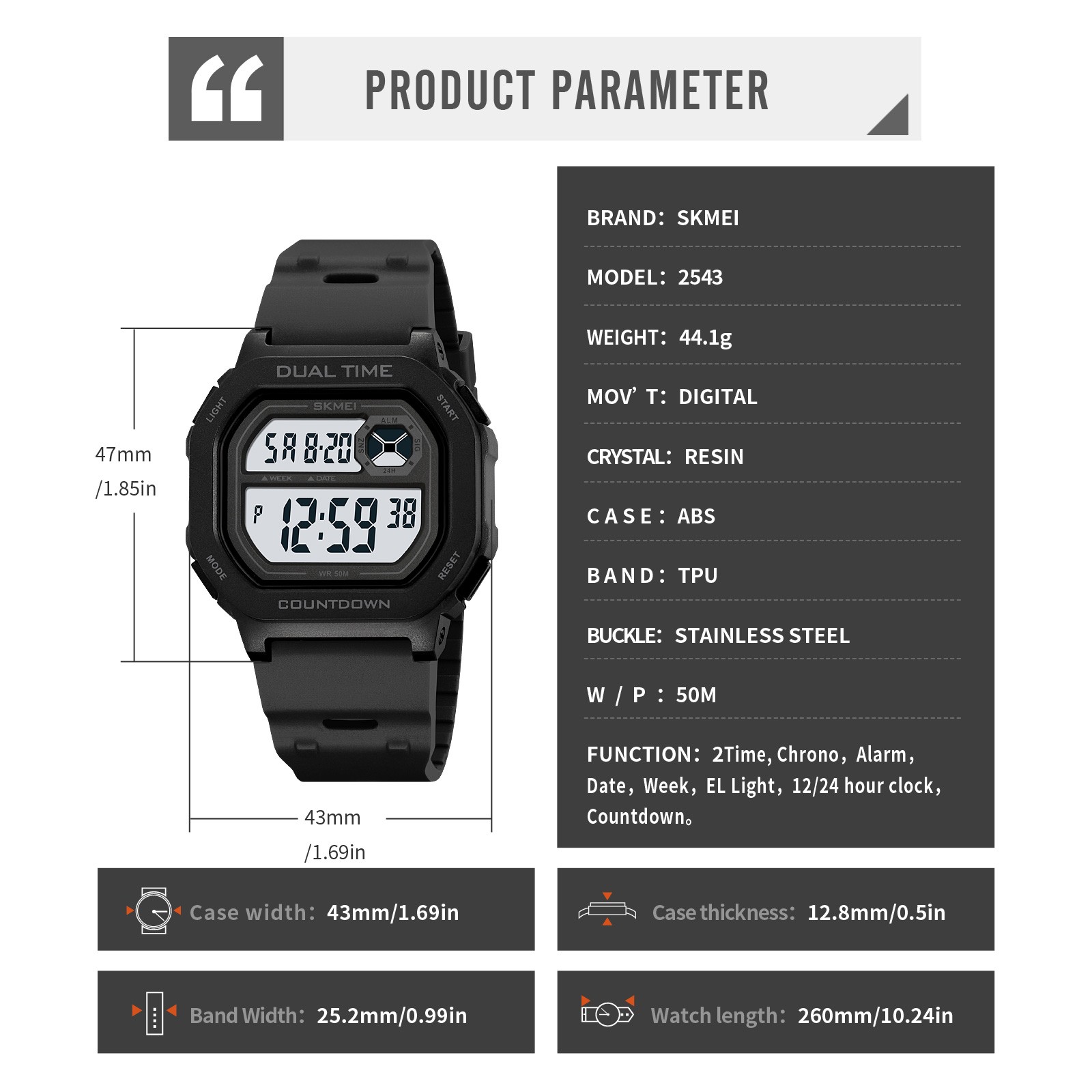 EL TPU Band Chrono Octagonal Waterproof, SKMEI 2543 Men’s Fashion Timepiece