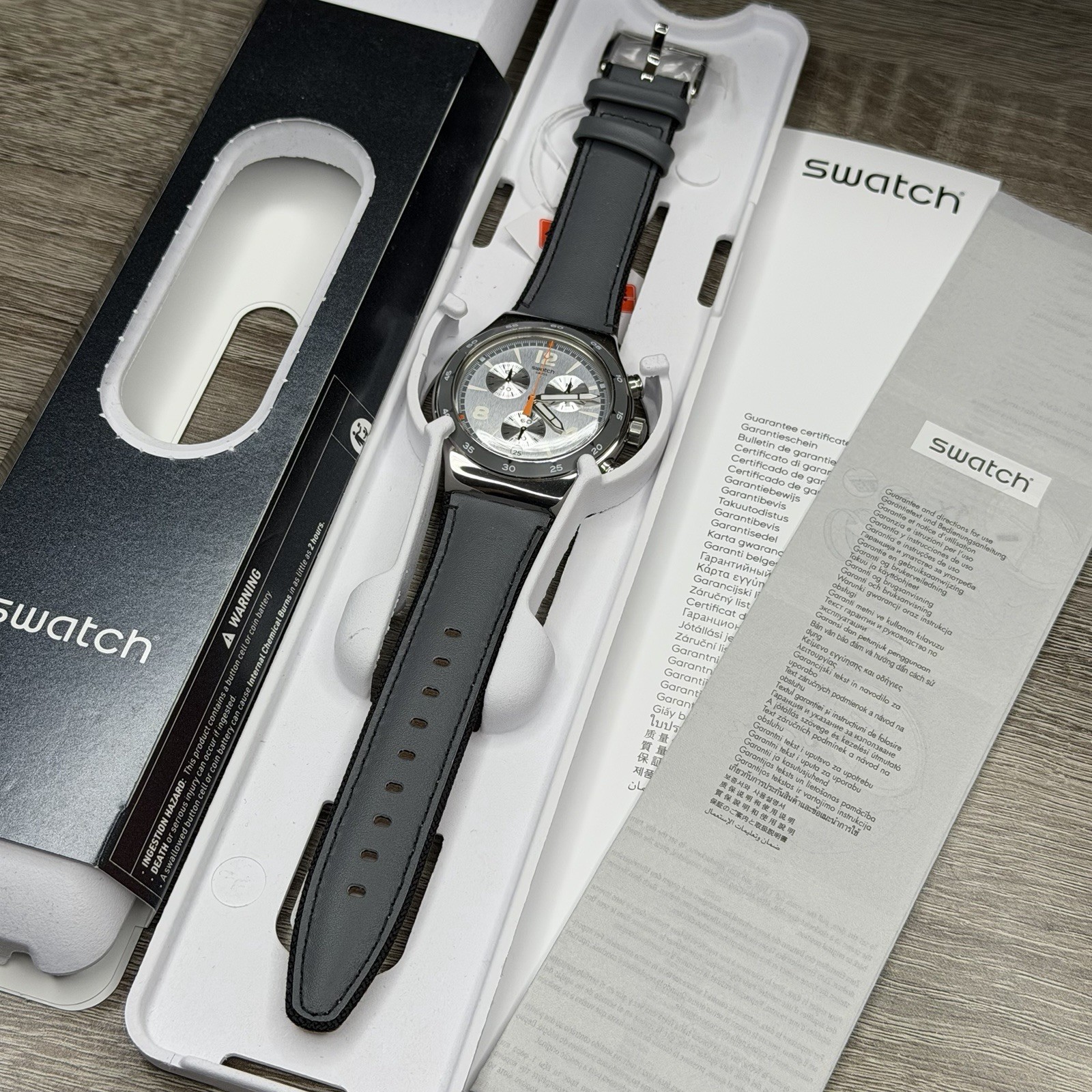NEW✅ Swatch Irony LAST ROUND Chronograph Gray Leather Steel Men’s Watch YVS446