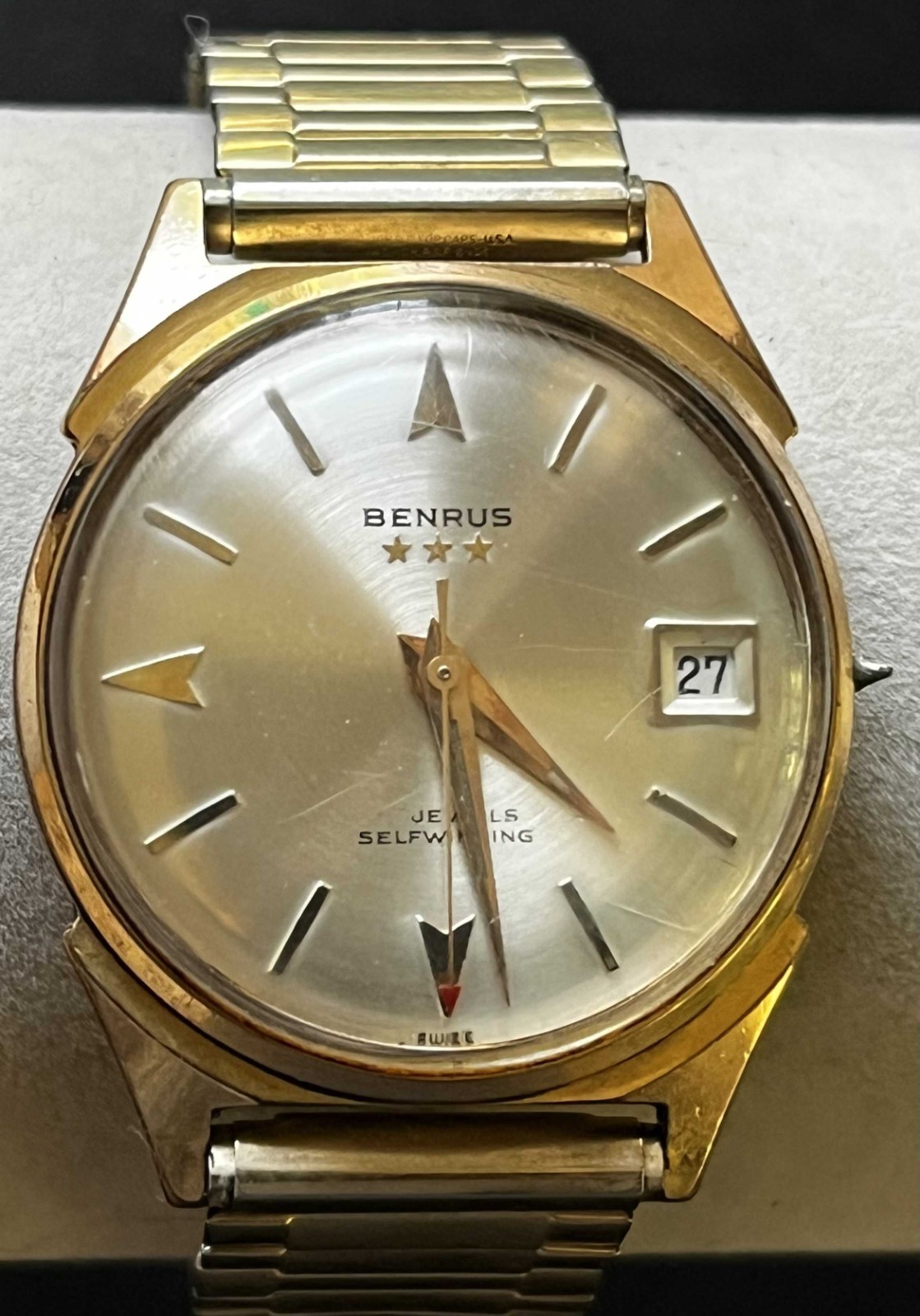 Vintage 1960s BENRUS 3 star 20 micron gold plated Mens Automatic Date Watch Runs