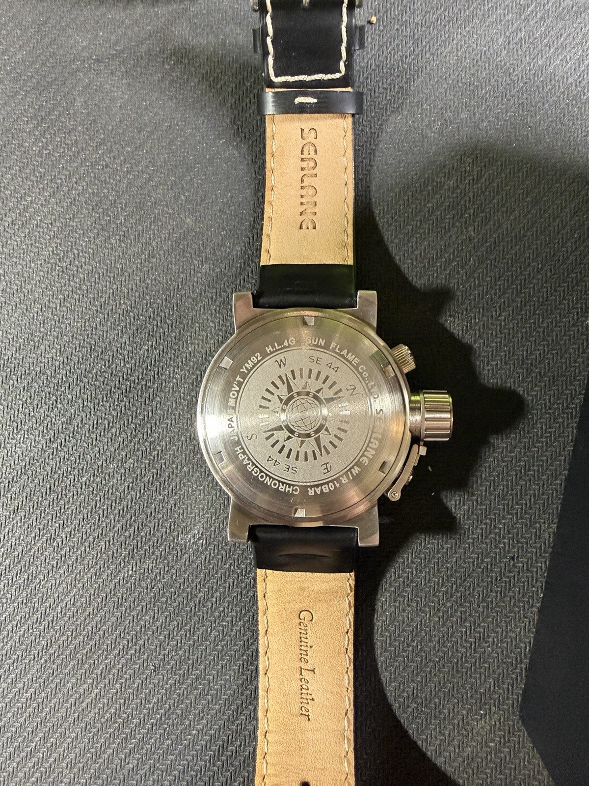SEALANE 10BAR Quartz Chronograph 10 BAR Black Dial Black Leather Strap Watch