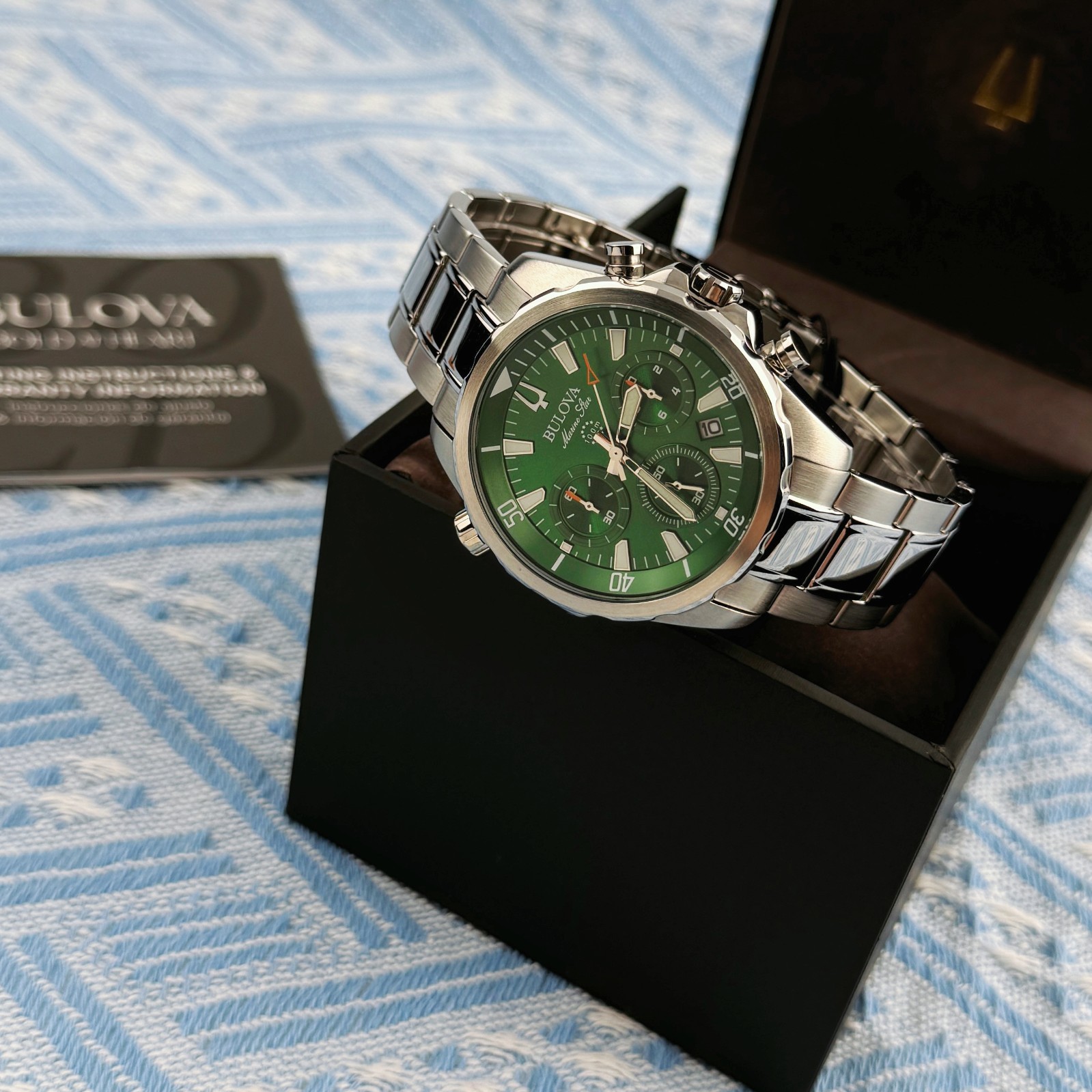 New Bulova Marine Star Chronograph Men’s Watch Green Dial 43mm/96B396