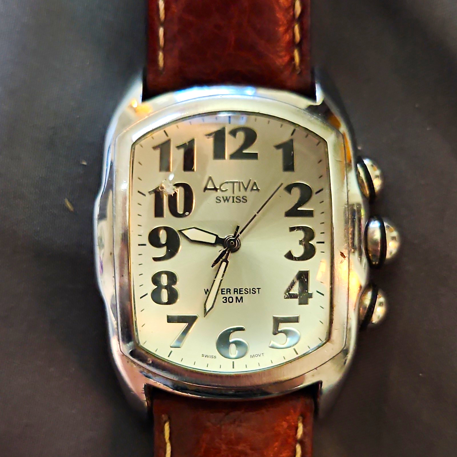 Activa Swiss Quartz 30m Tonneau SS Silver Dial Brown Leather Strap Arabic