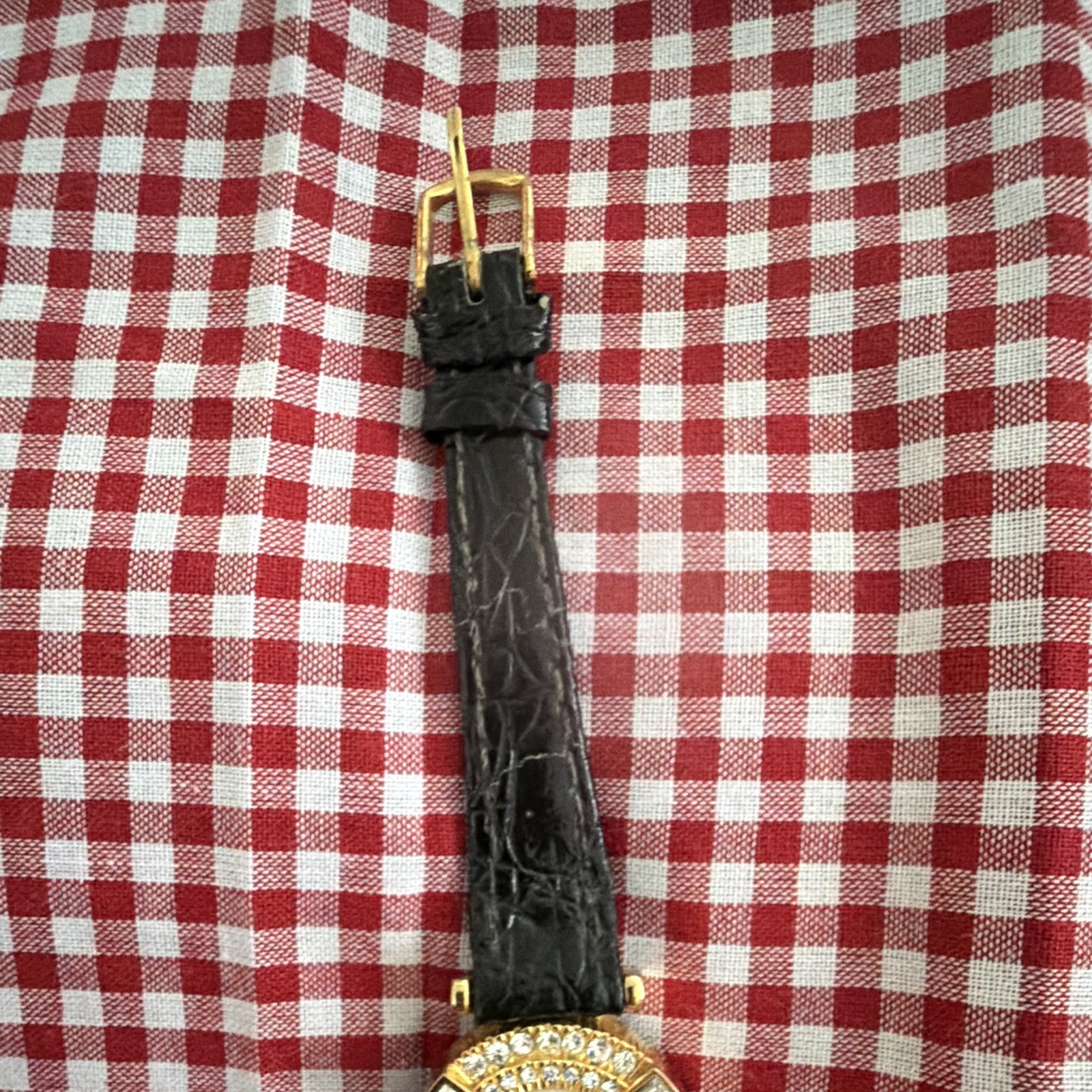 Gloria Vanderbilt Quartz Gold Tone Crystal Bezel Watch Black Leather