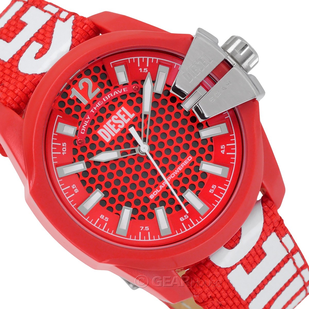 DIESEL Baby Chief Mens Solar Powered Watch, Red Dial, Canvas Textile Logo Band