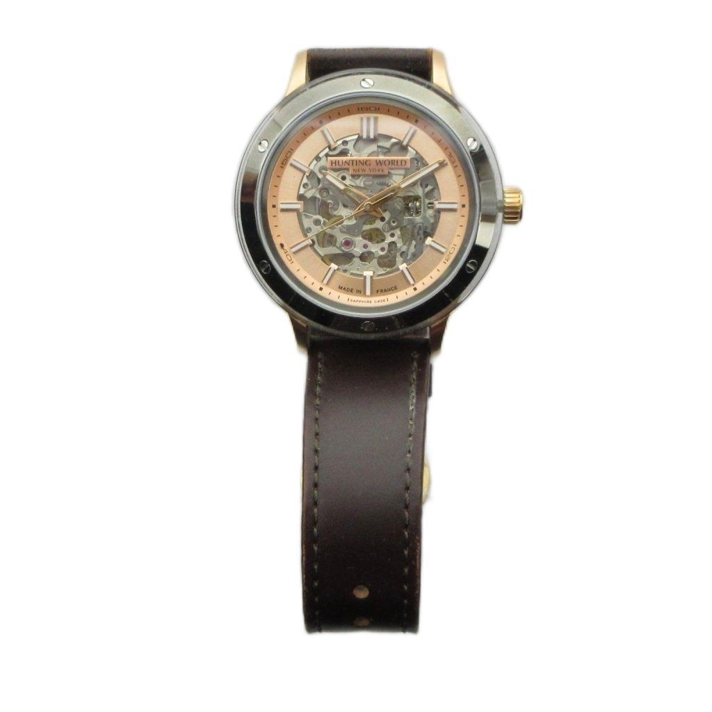 HUNTING WORLD HW030 Automatic Watch Skeleton Leather Belt Silver GY18 MQ