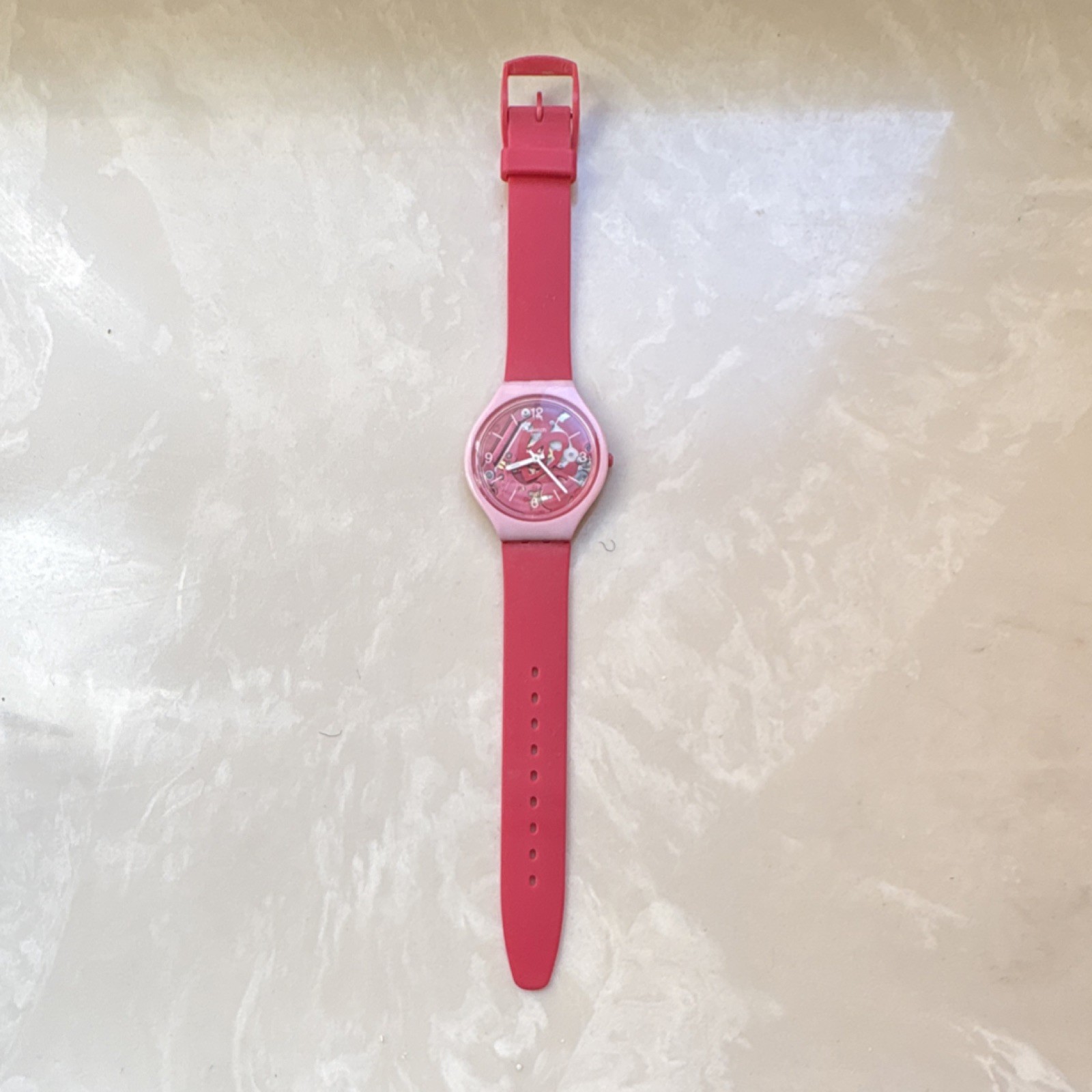 Swatch Pink Dial Water-Resistant Quartz Plastic Case Silicone Band Wristwatch