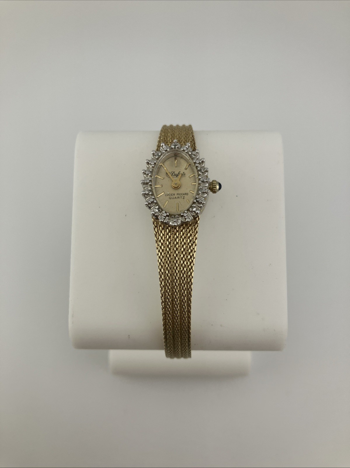 Vtg Dufonte LP Ladies 15mm Watch Gold Tone Diamonds Bezel Adjustable -RUNS