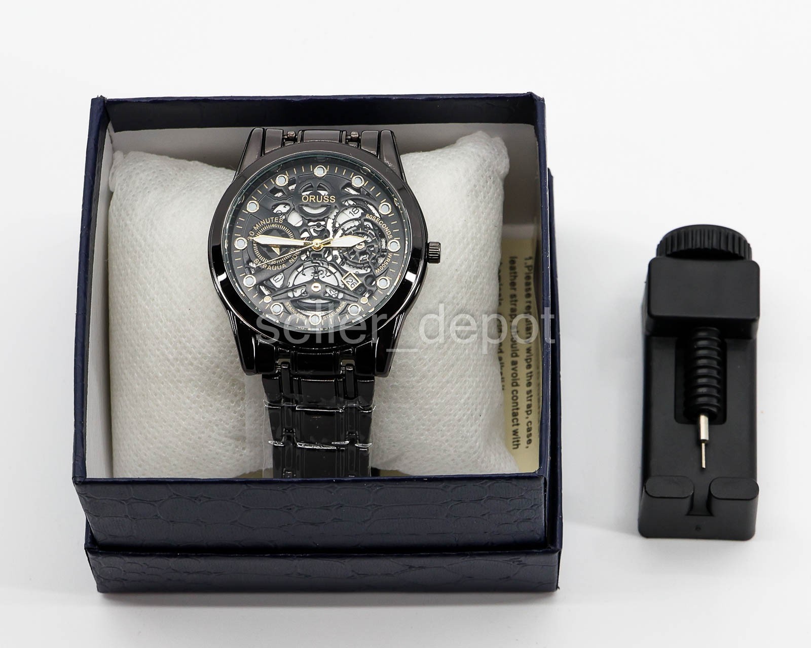 NEW Oruss 1853 TQ21 Black Alloy Round Dial Openwork Quartz Watch w box & tool