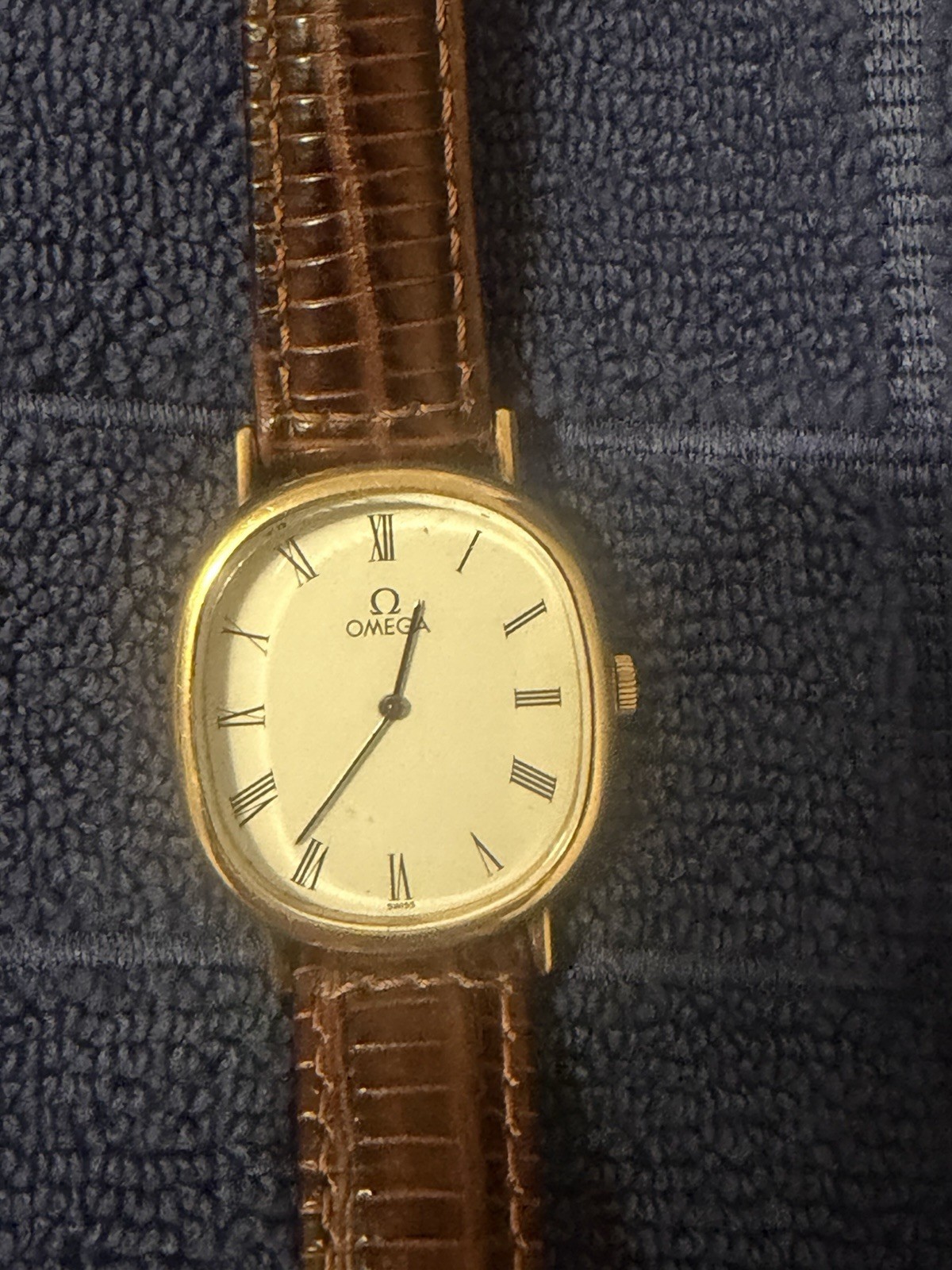 OMEGA Dress Wristwatch Cushion Gold-Plated Case White Roman Dial Brown Leather