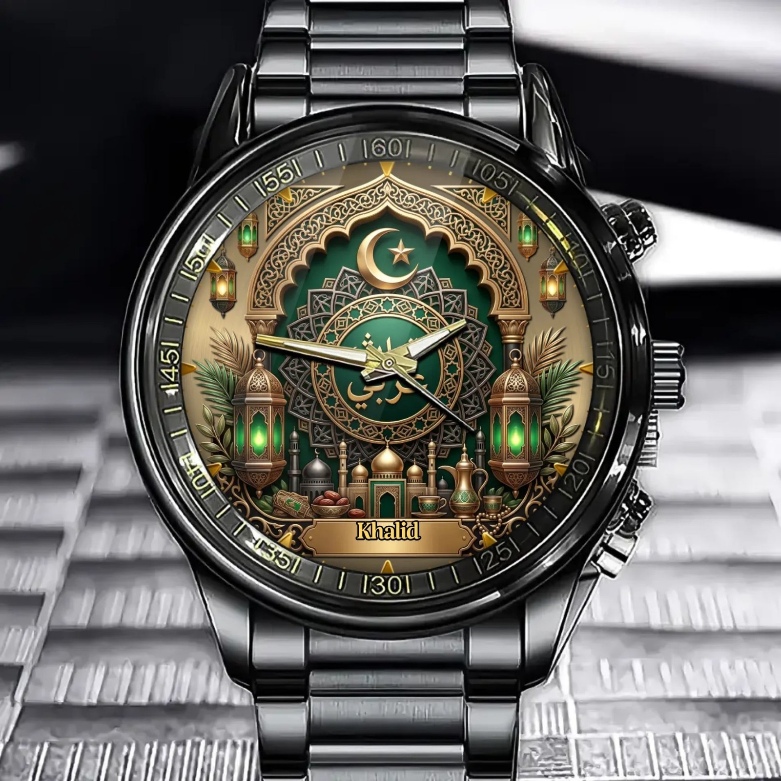 Personalized Arabic Heritage Watch – Custom Name & Color With Crescent Moon
