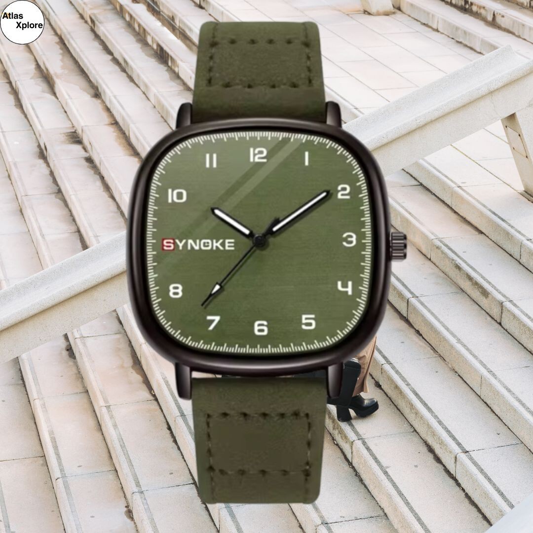 SYNOKE Unisex Quartz Watch – Army Green Leatherette, Stylish Business & Sports