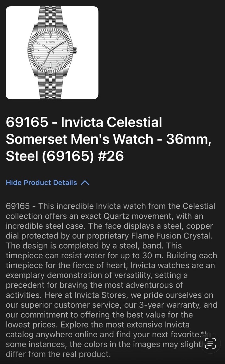 Invicta Celestial Somerset 36mm Quartz Analog Silver SS Bracelet 30m WR