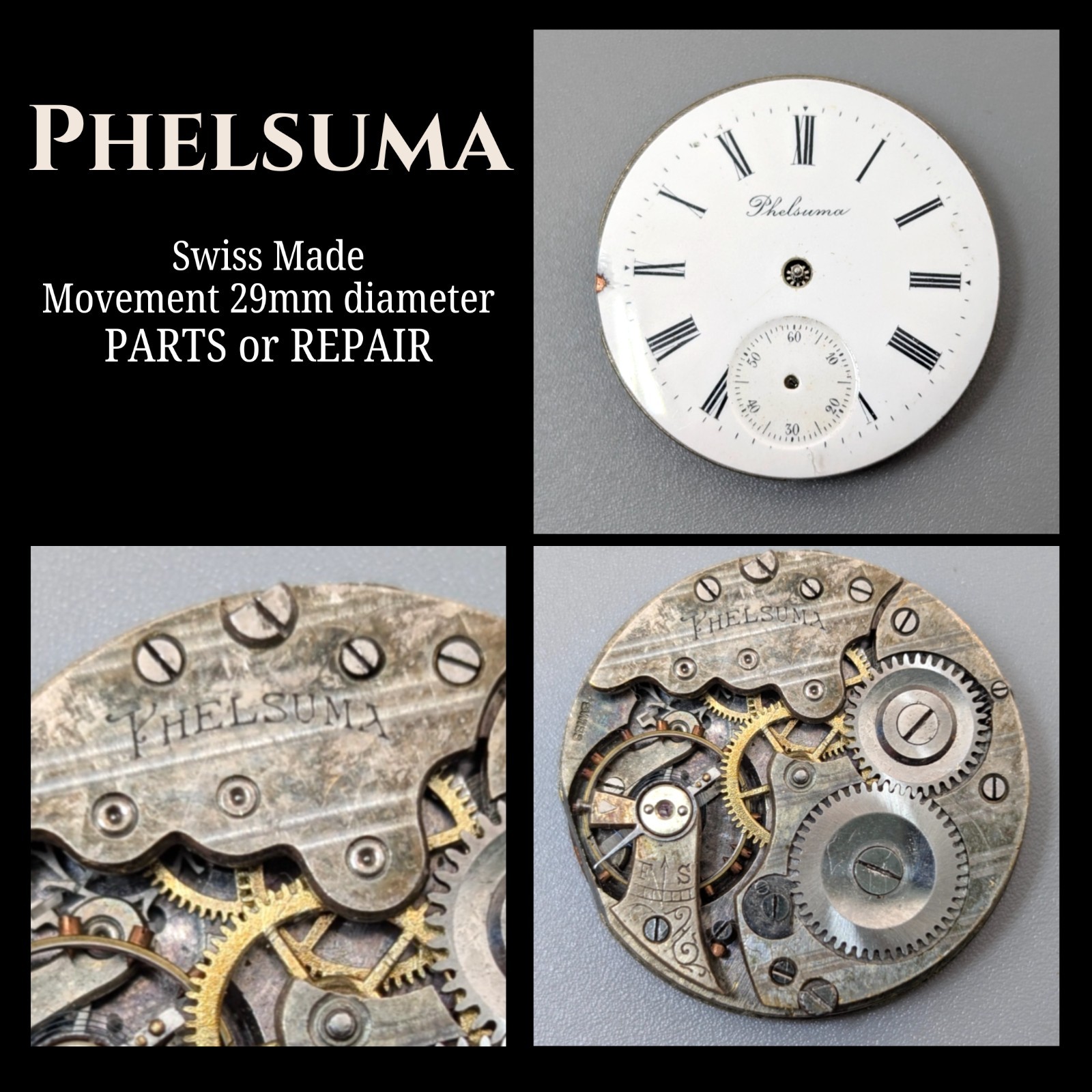 Vintage PHELSUMA 29mm Swiss Formal Dress Pocket Watch Movement PARTS or REPAIR