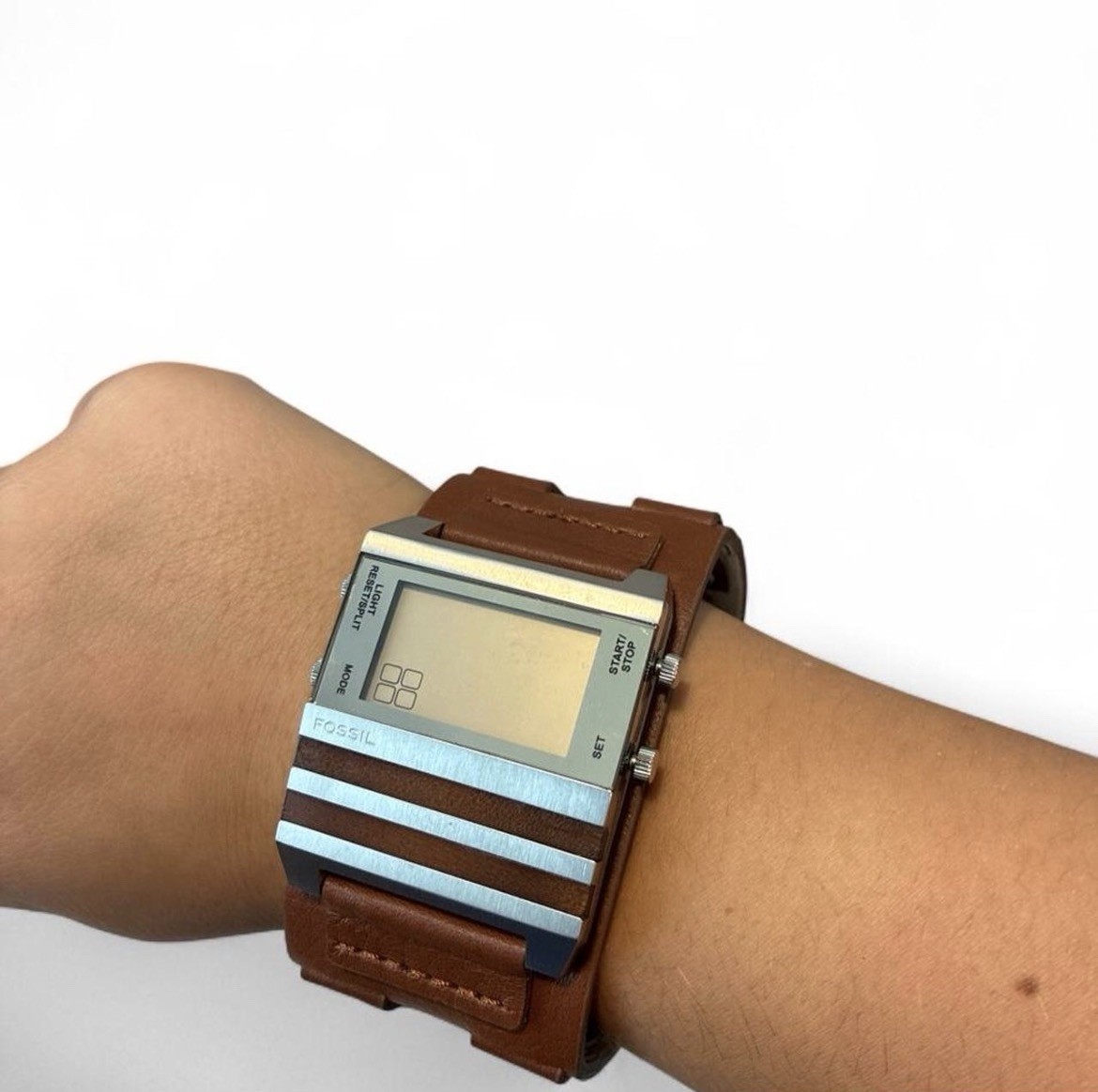 Fossil Quartz Digital Rectangle Watch Gray Dial Brown Leather Strap w/ Box