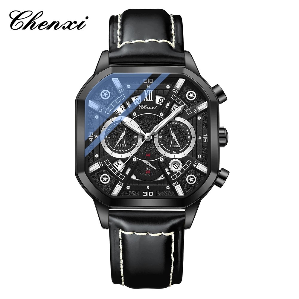 CHENXI Men Square Watch Multifunction Six-hands Luminous Boys Leather Wristwatch