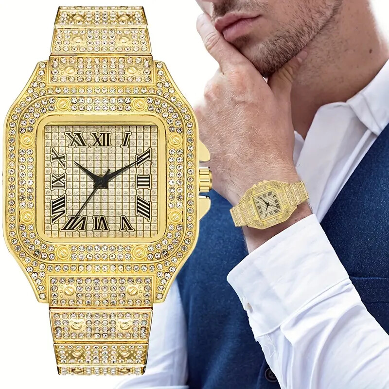 ICED WATCH LUXURY GOLD SILVER PLATED SIMULATED DIAMOND METAL BAND WRIST SQUARE
