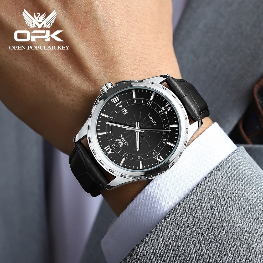 OPK Quartz Watch Men Comfortable Leather Strap Waterproof Fashion Dress Wristwat