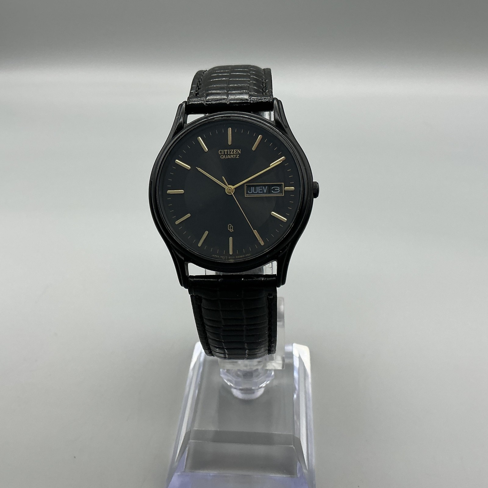 Vintage Citizen Mens Watch 34mm Black Dial Black Leather Day Date New Battery