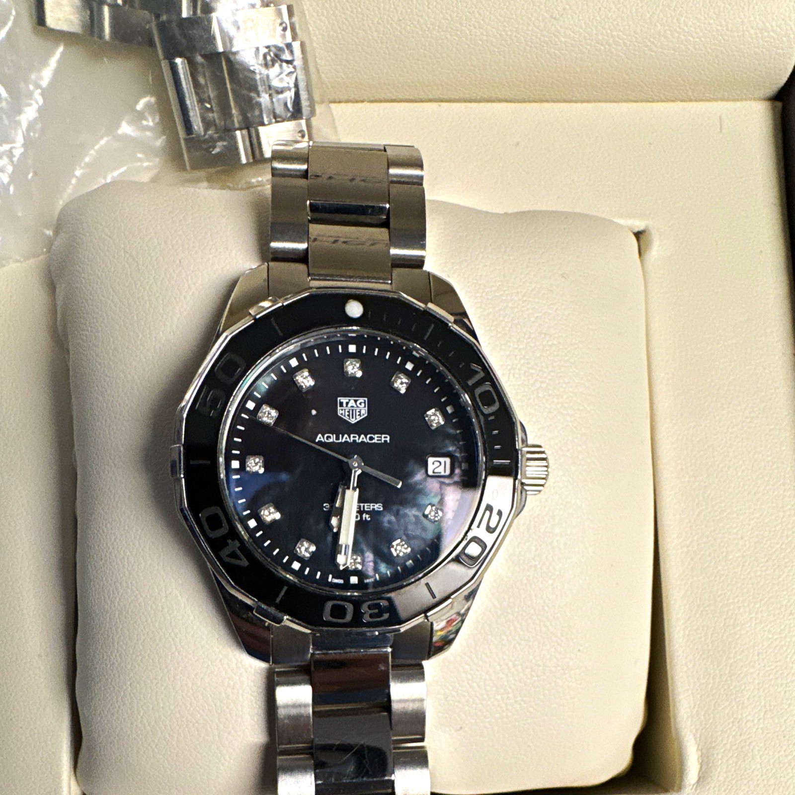 TAG Heuer Aquaracer 35mm Quartz Black Dial Diamond Markers Date SS Bracelet