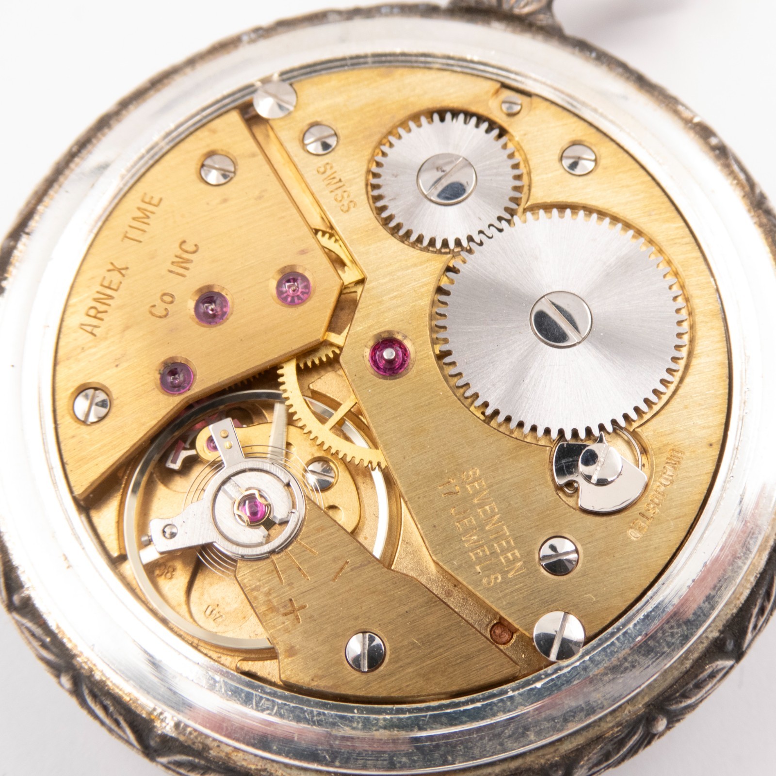 Vintage Arnex / Unitas 6498 Silvertone Antique Pocket Watch w/ Fisherman Motif