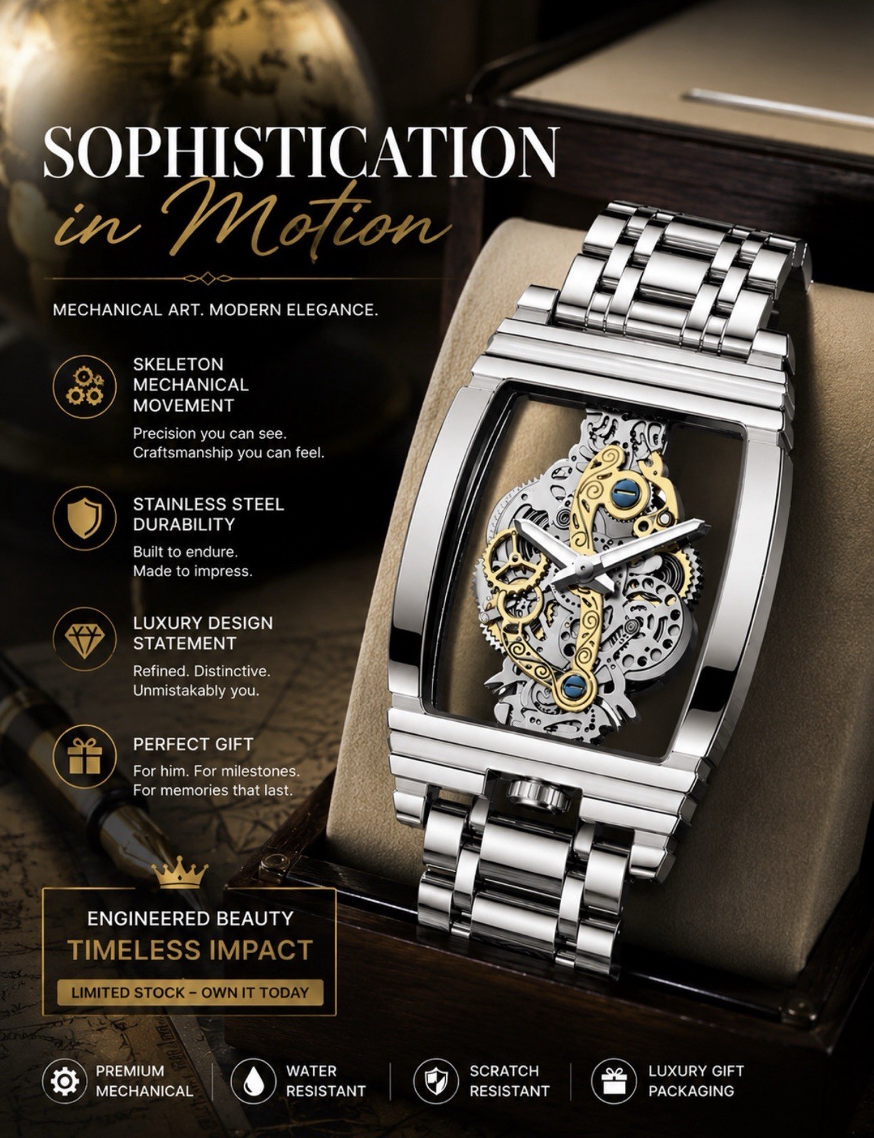 Men’s Skeleton Dial Manual Mechanical Tonneau Watch Silver SS Bracelet WR