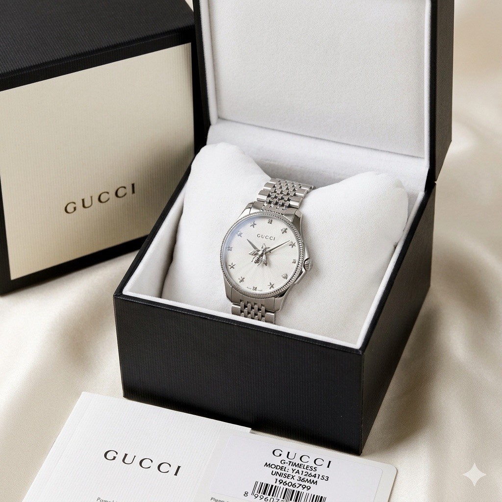 Gucci G-Timeless YA1264153 Silver Bee Motif 36mm Unisex Watch NEW With Box