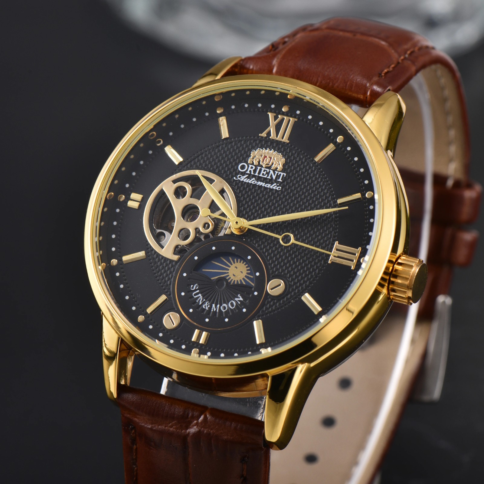 Orient Watch Sun & Moon Semi Skeleton Automatic Leather Strap Men Birthday Gift