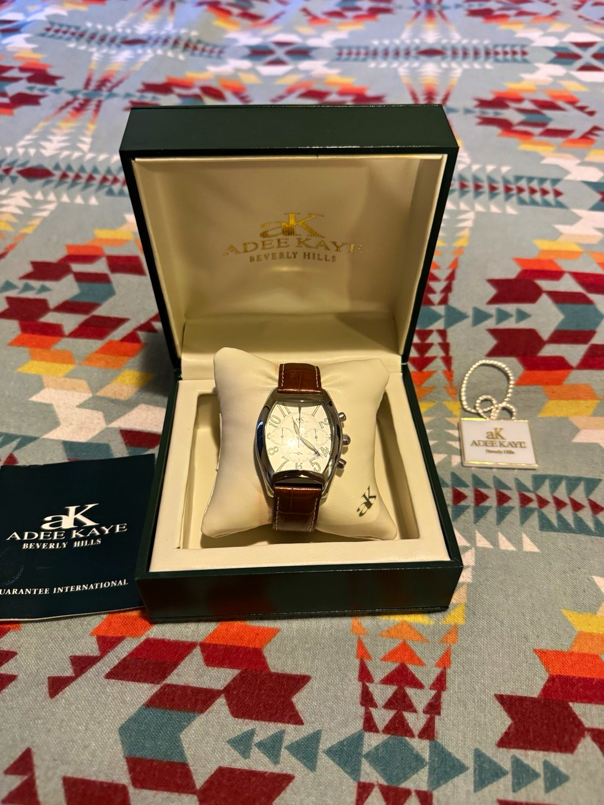 Adee Kaye Beverly Hills Chronograph Quartz Tonneau Watch Brown Leather Strap Box