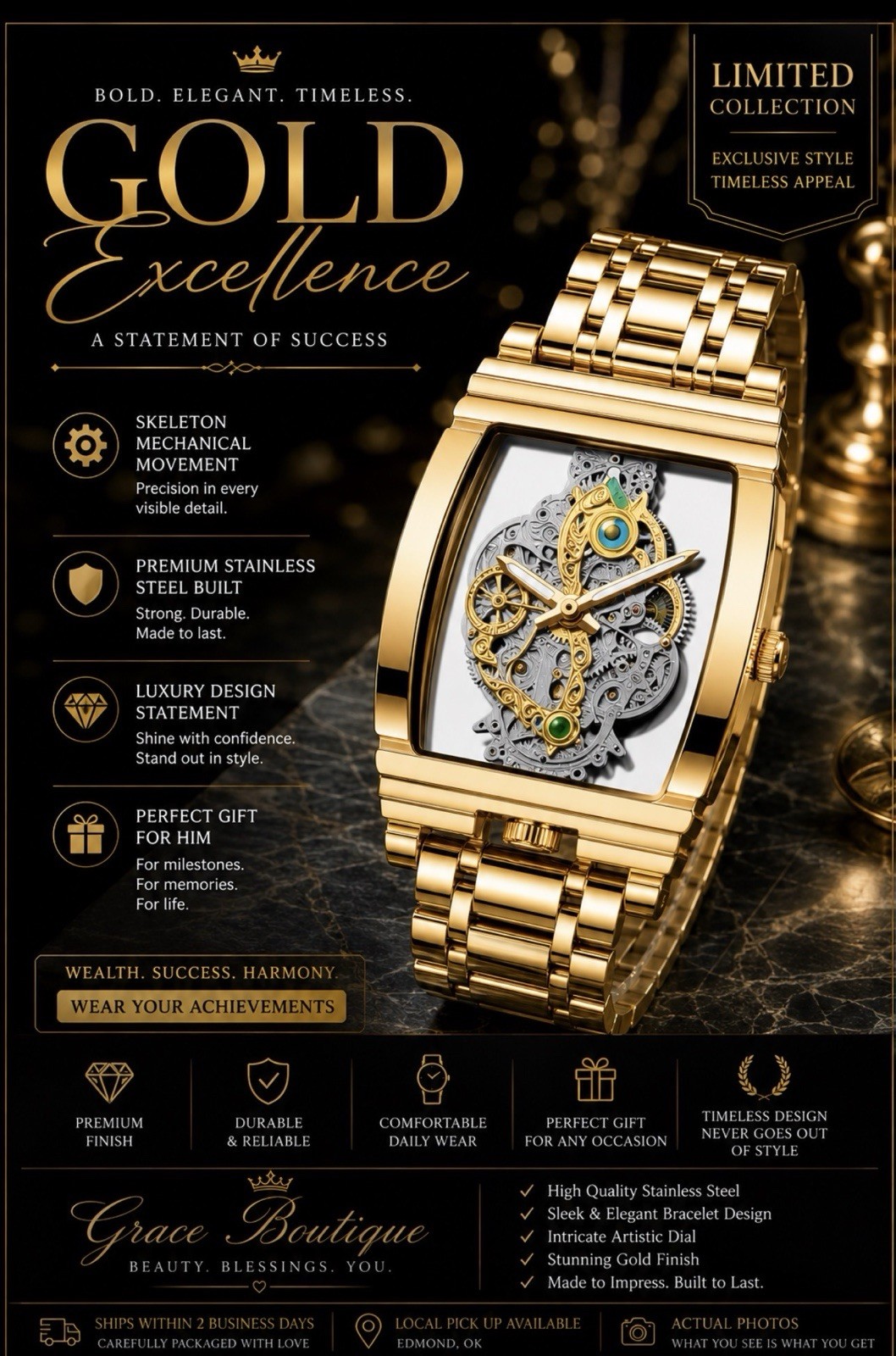 Golden Elegance Skeleton Dial Manual Mechanical Watch Gold Tone Square Bracelet
