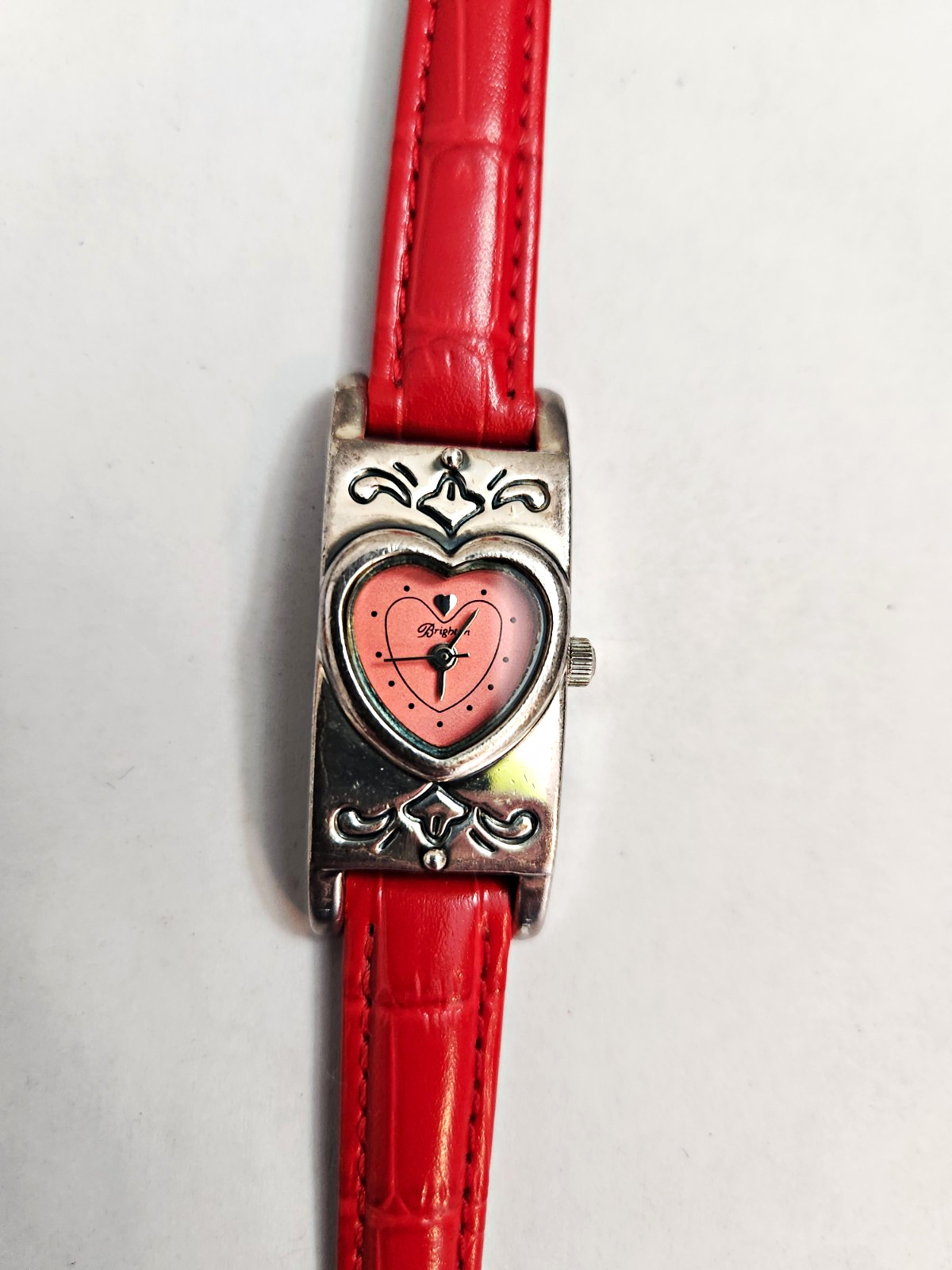 Brighton Santa Paula Hearts Pink Dial Red Leather Strap Quartz Wristwatch