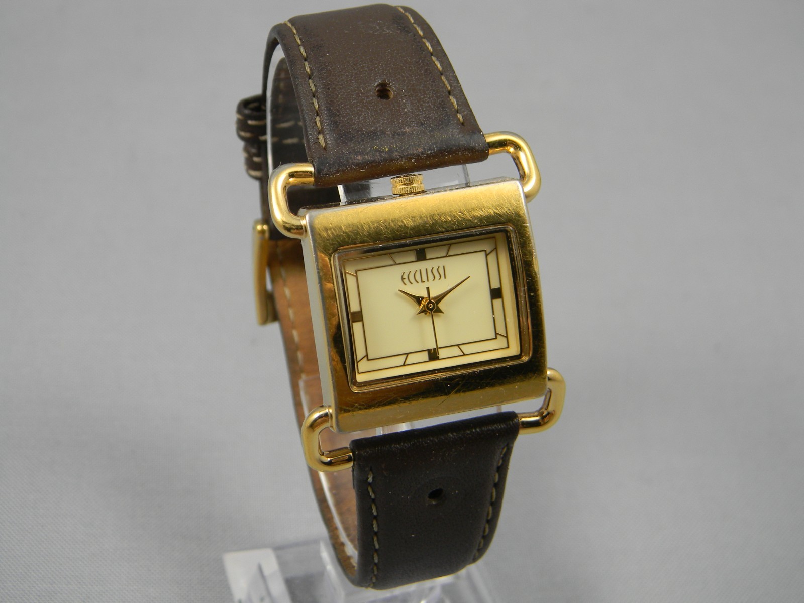 Ecclissi Watch Women 25mm Gold Tone Square Dial Leather Band New Battery