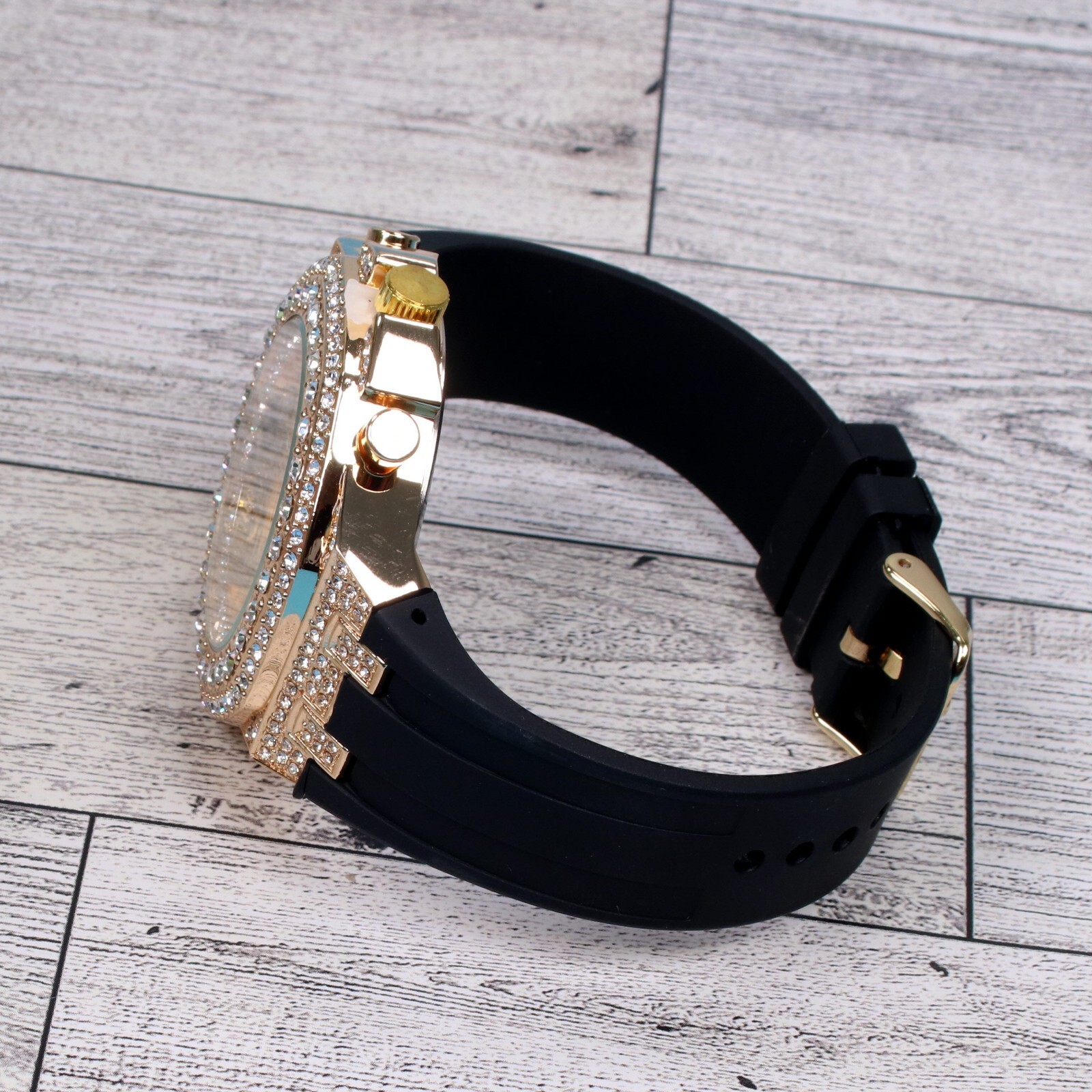 Montres Carlo Men’s Hip Hop Rapper Luxury Stones Dress Wrist Watch Gold Finish