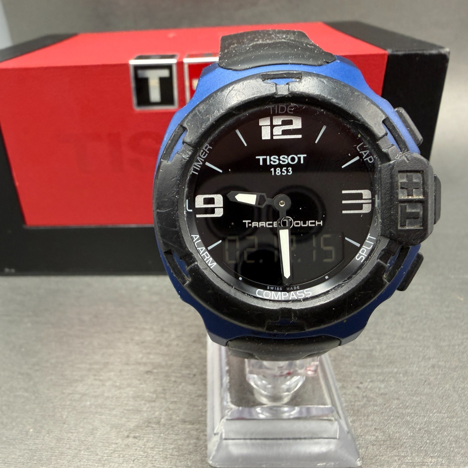 Tissot T-Touch Watch Men 47mm Black Blue Ana Digi Alarm Chrono New Battery W/Box