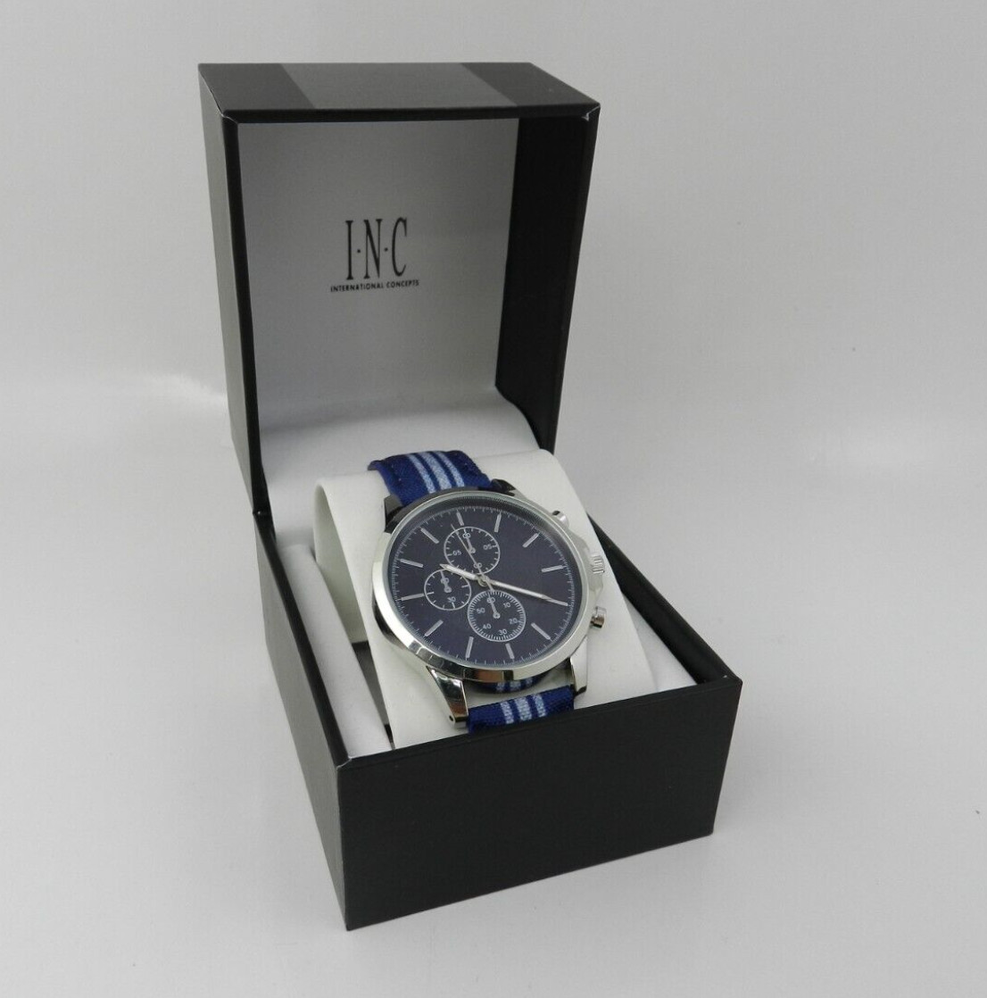 INC I.N.C INTERNATIONAL SILVER-TONE BLUE STRIPED DENIM MEN’S WATCH 42 MM NIB