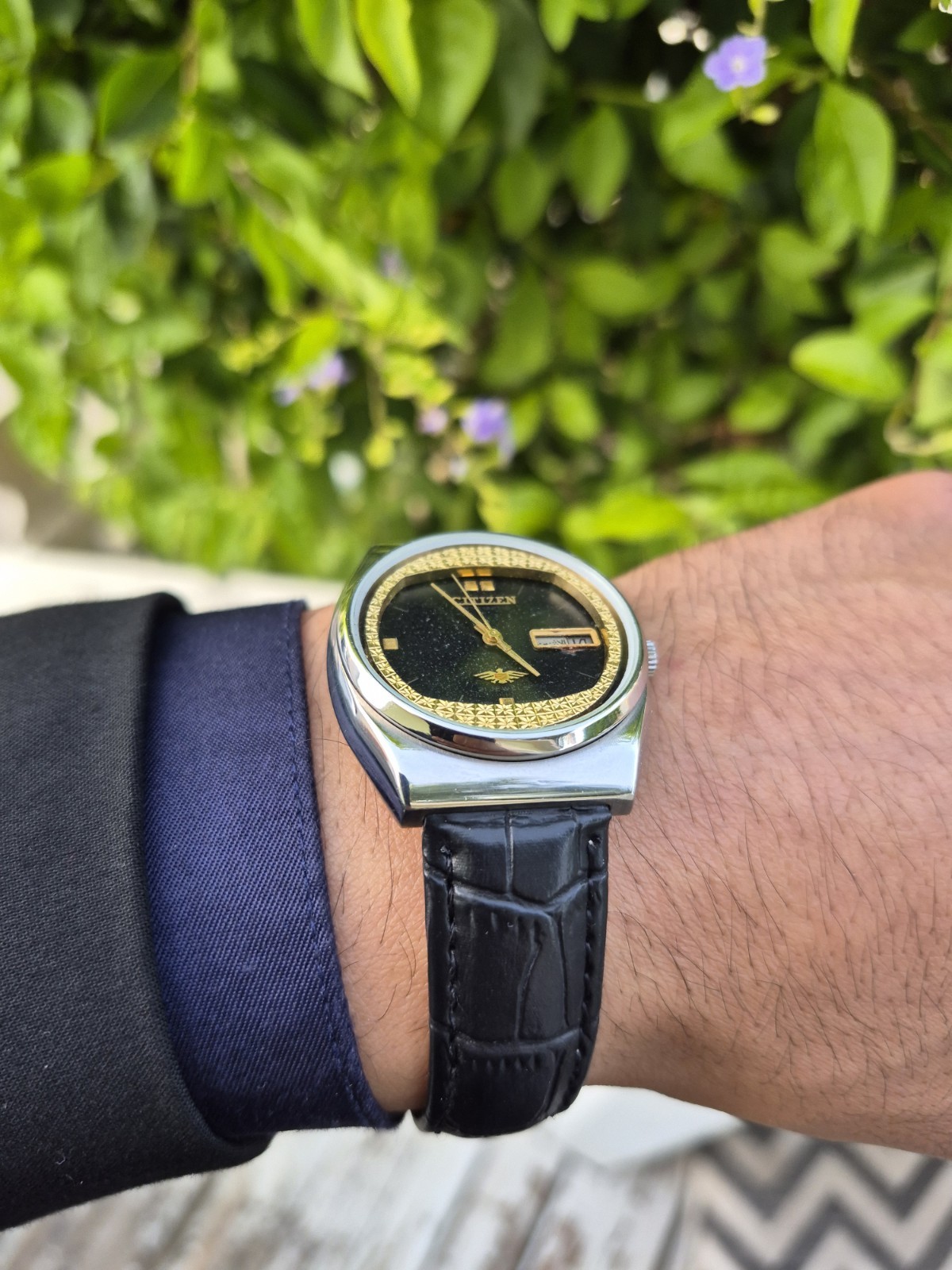 Citizen Automatic 21J E7 Vintage Black/Gold Dial Day/Date SS Case Leather Strap