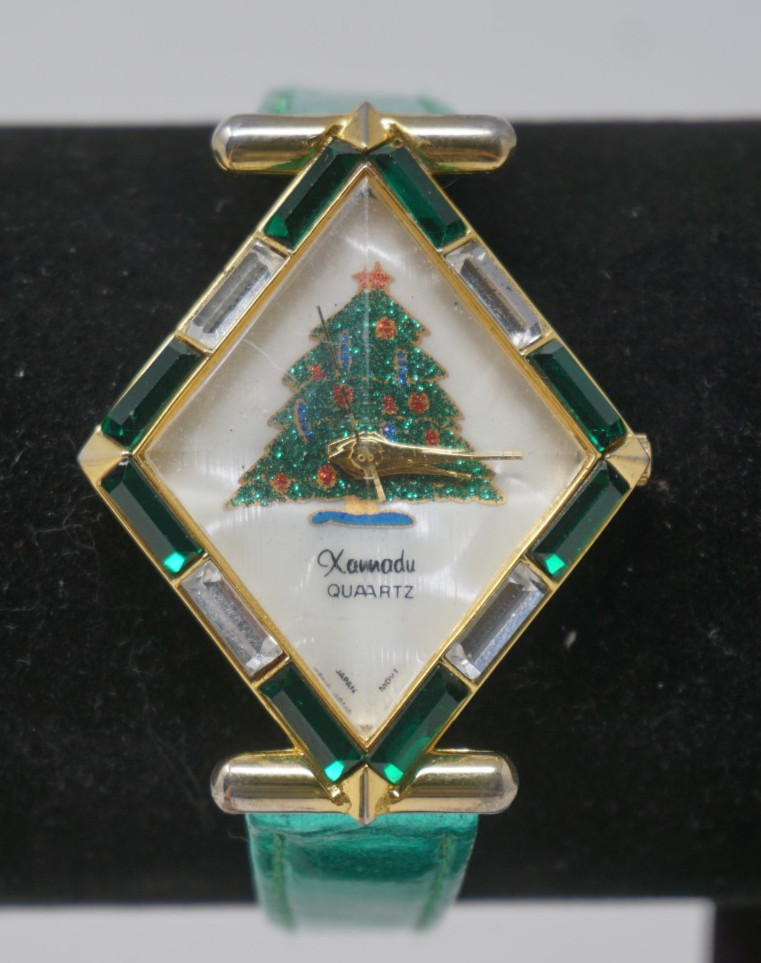 Xanadu Christmas Tree Holiday Quartz Watch Japan Diamond Shaped Leather Strap