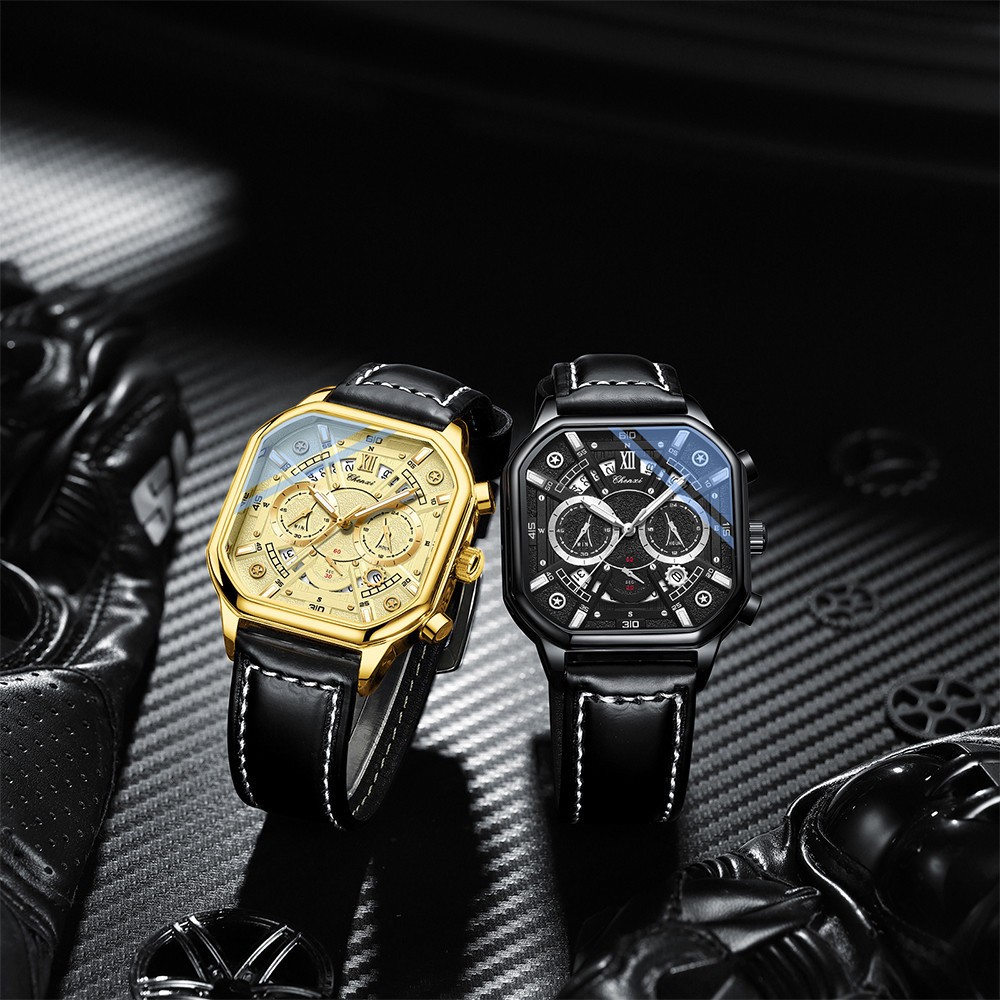 CHENXI Men Square Watch Multifunction Six-hands Luminous Boys Leather Wristwatch