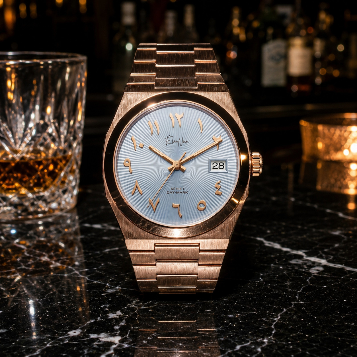 Custom Élan Noir Série I Rose/Blue 36mm Auto NH35 Sapphire Crystal Steel Watch