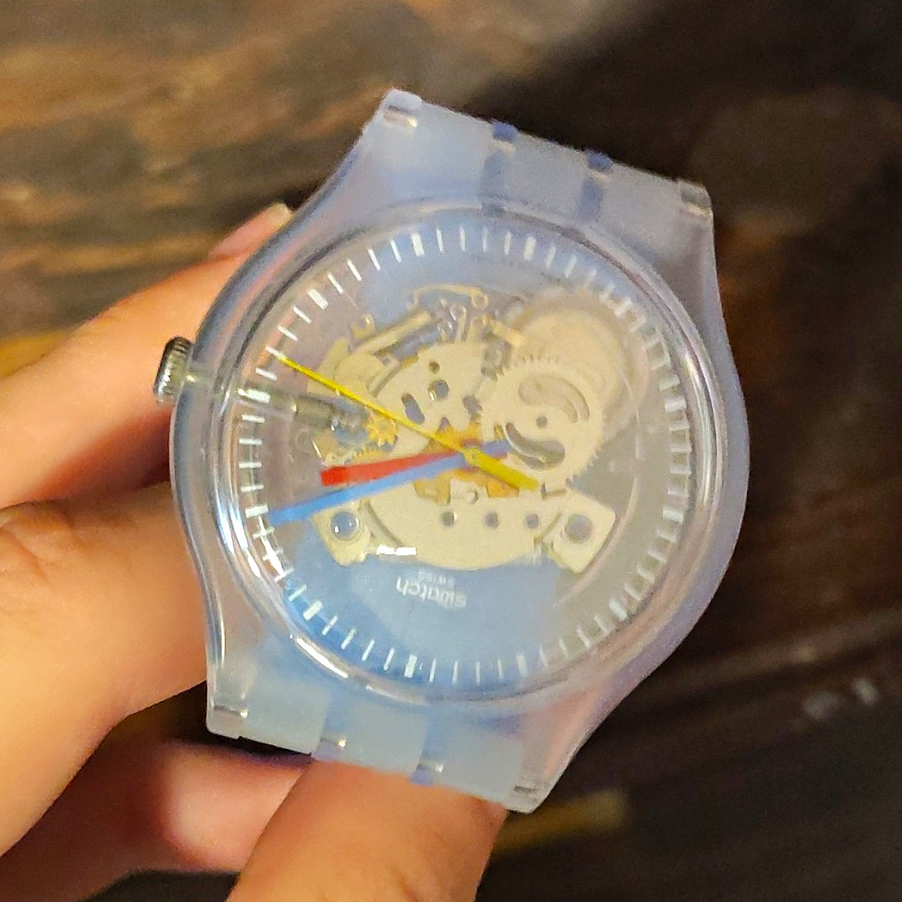 Swatch Originals Clear/Blue Plastic Skeleton Dial Quartz Analog Wristwatch 41mm